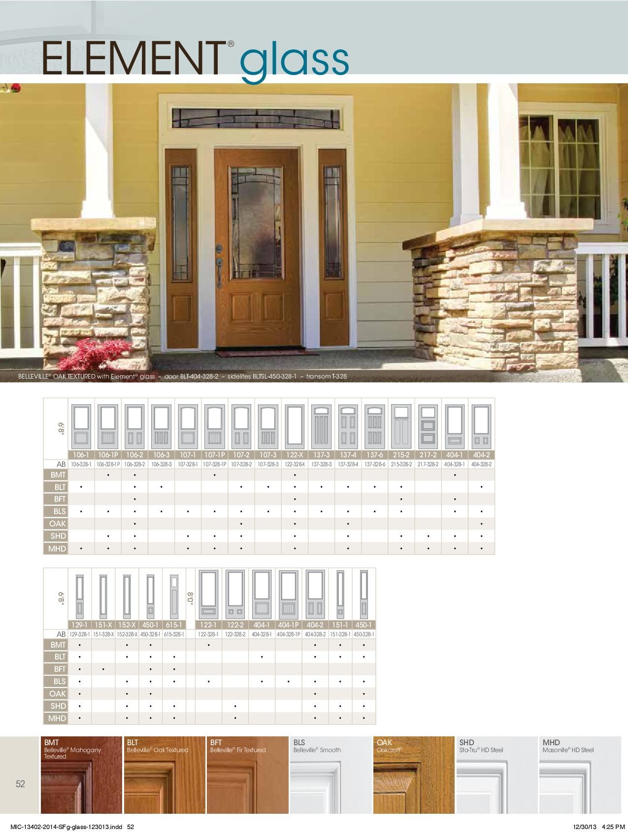 Element Glass door brochure, with a front door and different door styles listed in a chart.