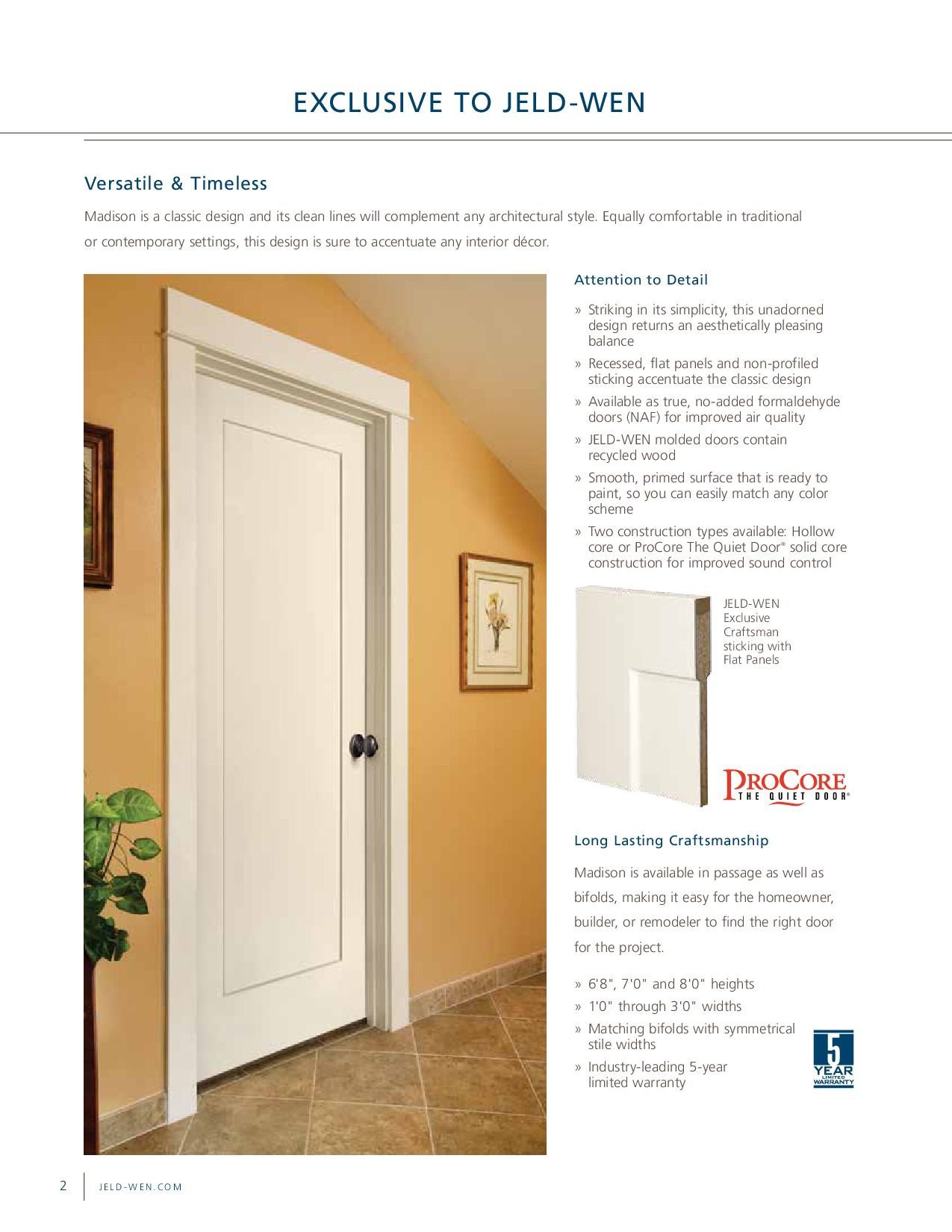 White interior door with trim in a hallway with yellow walls.