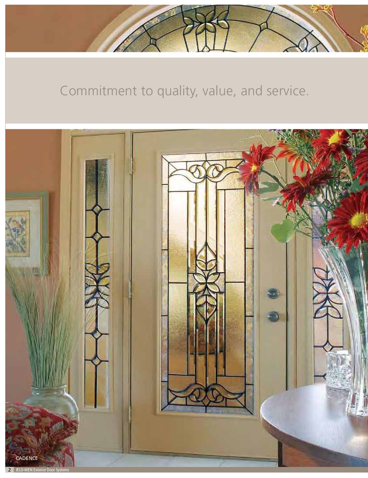 Beige door with decorative glass panels, red flowers, and text: