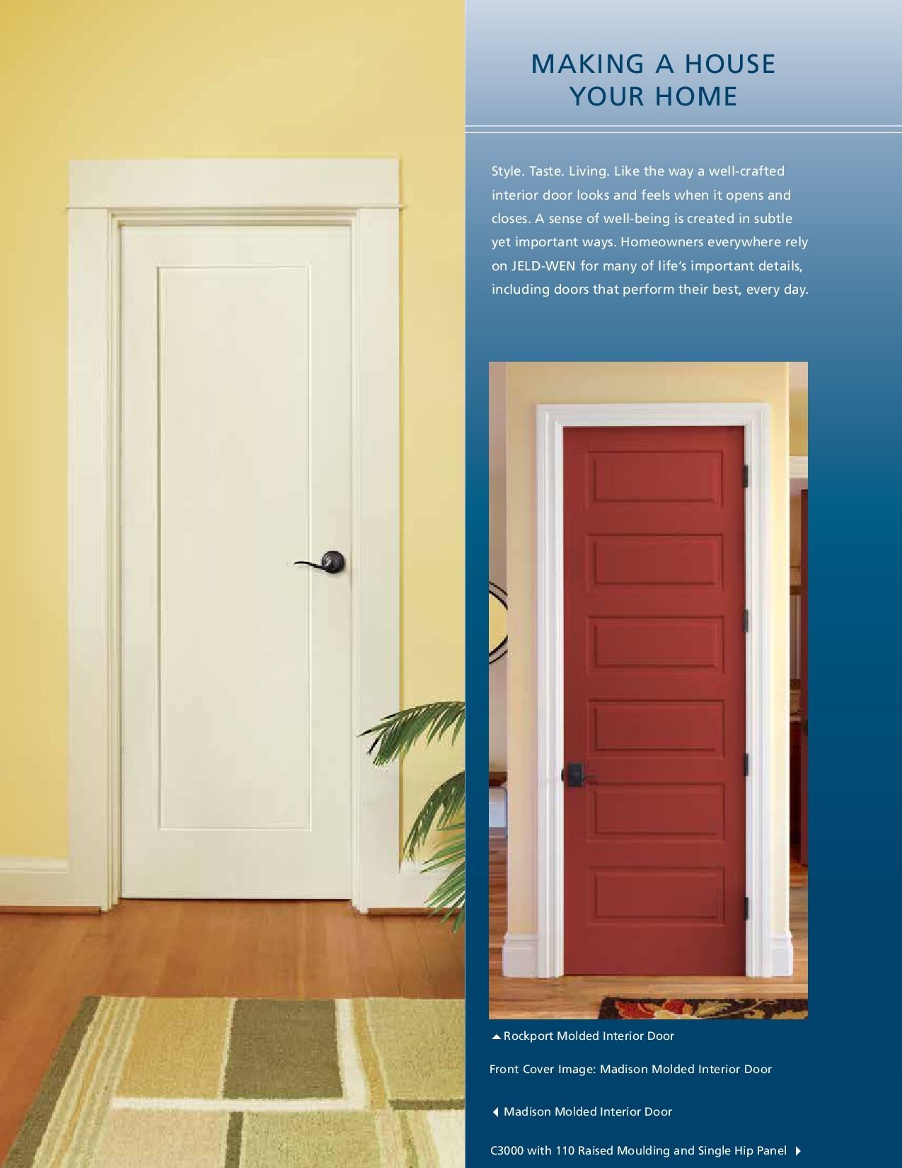 Two interior doors, one white and one red, with white trim and a blue border promoting home decor.