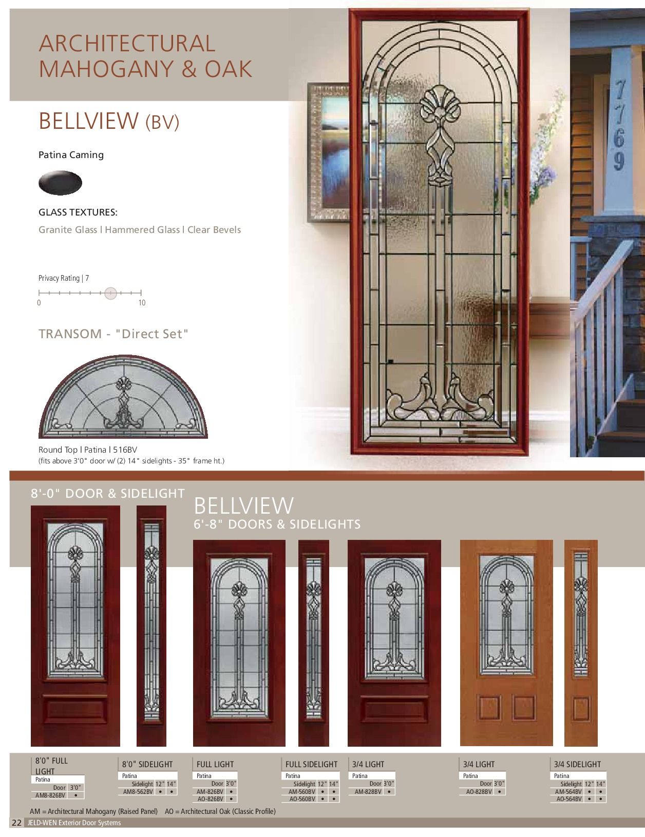 Architectural mahogany and oak doors. Bellview (BV) style in various configurations with leaded glass.