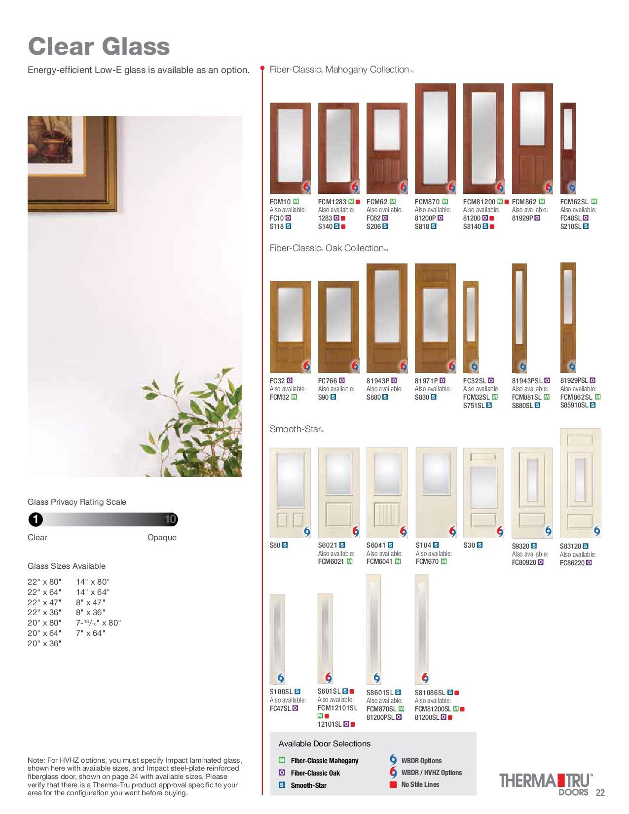 Clear glass door product catalog with various wooden door styles.
