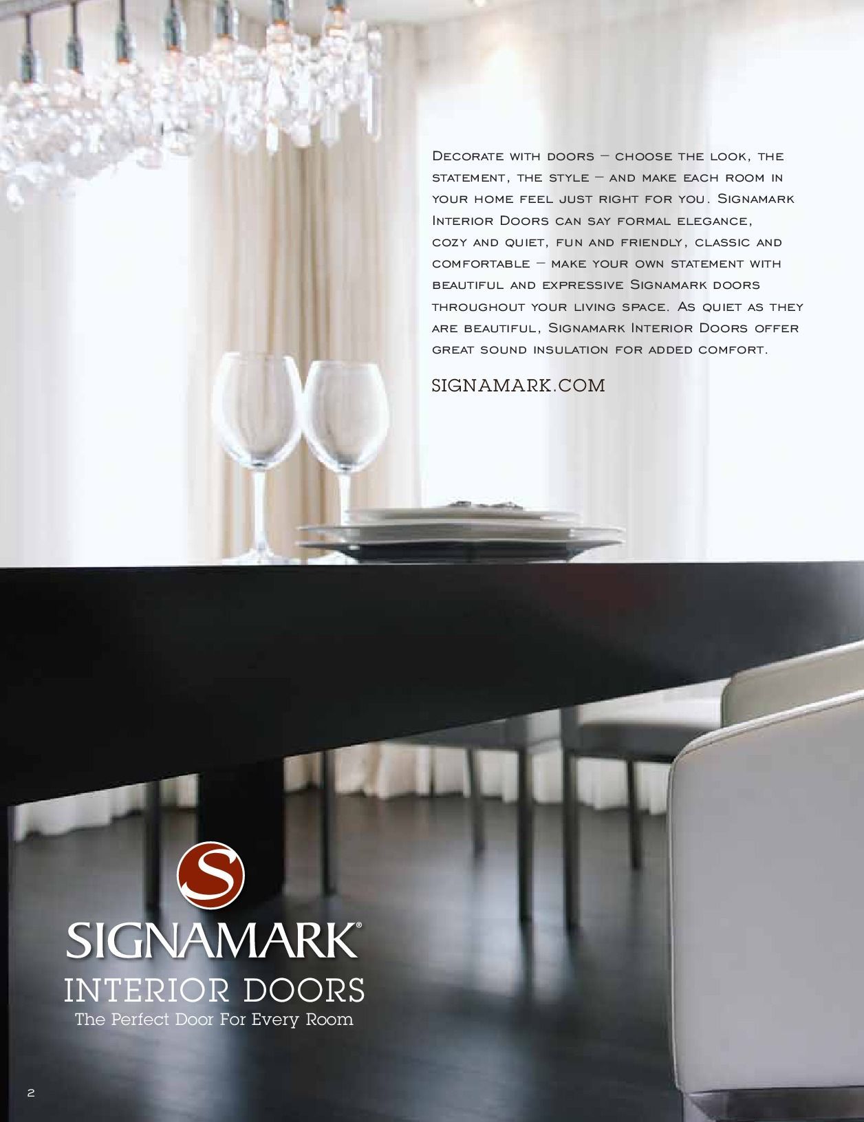 Modern dining room with black table, chairs, and Signamark Interior Doors logo.