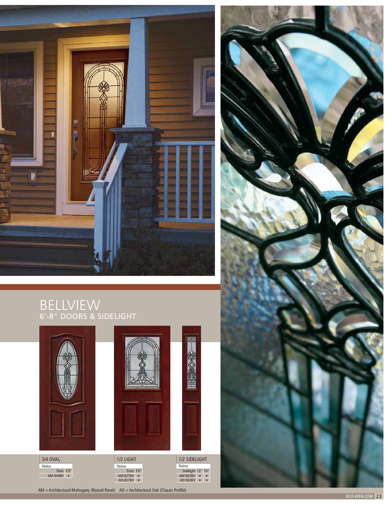 Exterior door advertisement. Brown door with stained glass and a front porch setting.