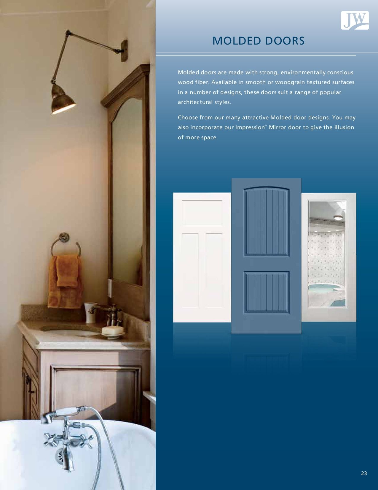 Bathroom interior with vanity, mirror, and faucet; product page for molded doors in white and blue.