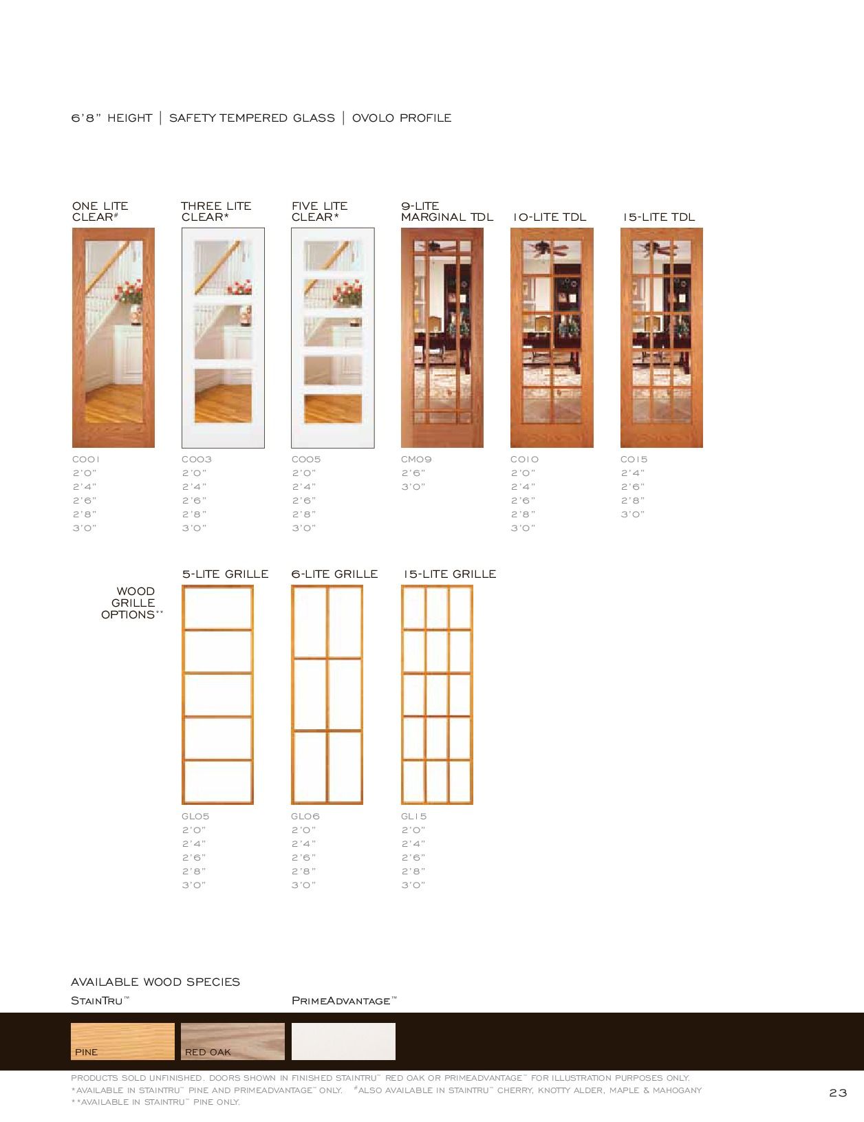 Wooden interior door styles: with different glass panels and frame colors.
