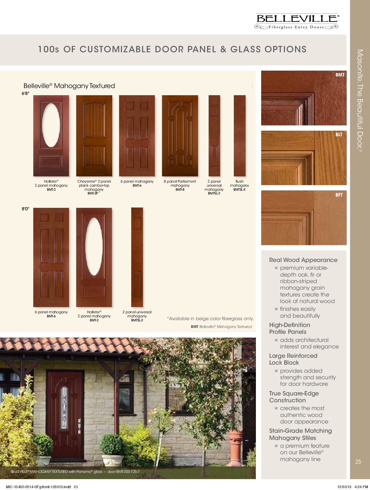 Door options catalog page, featuring door panel styles, glass options, and wood stain colors.