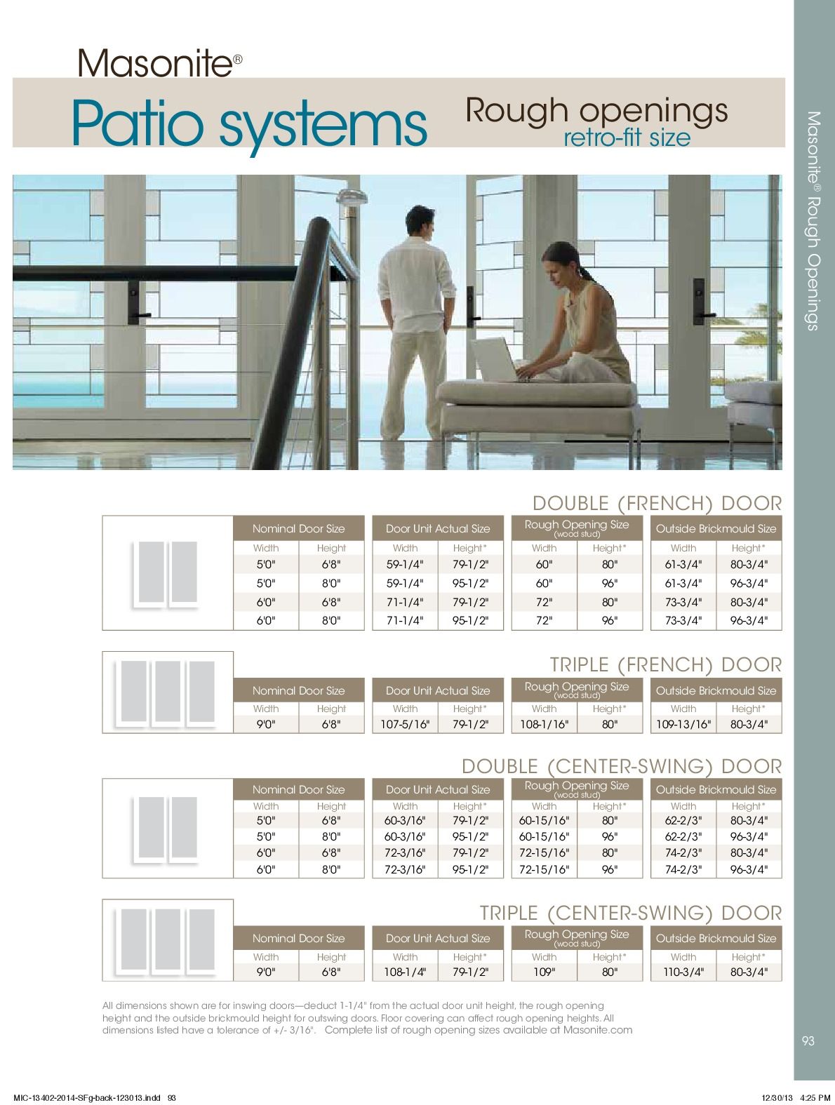 Patio door systems rough openings guide. Photos of people and windows with dimensions in a table.