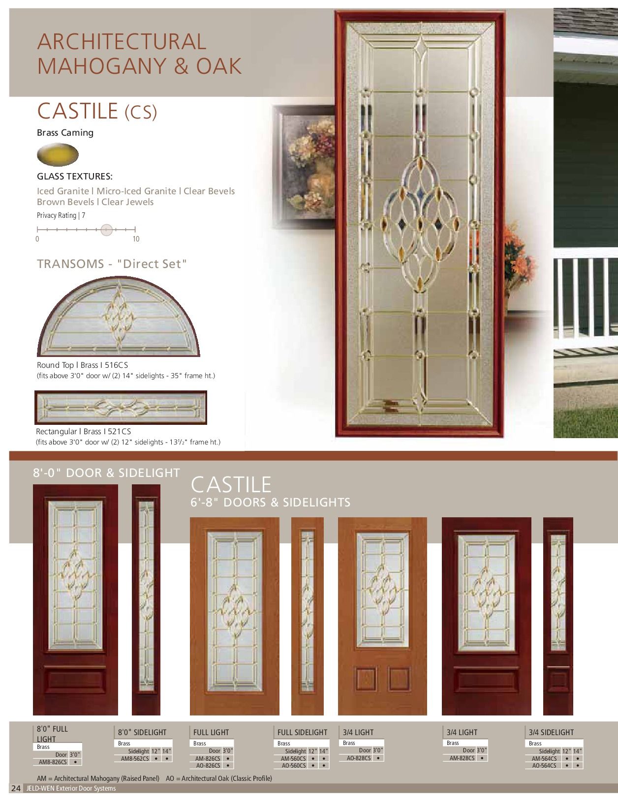 Catalog page for architectural mahogany and oak doors, featuring various Castle door designs with glass panels.