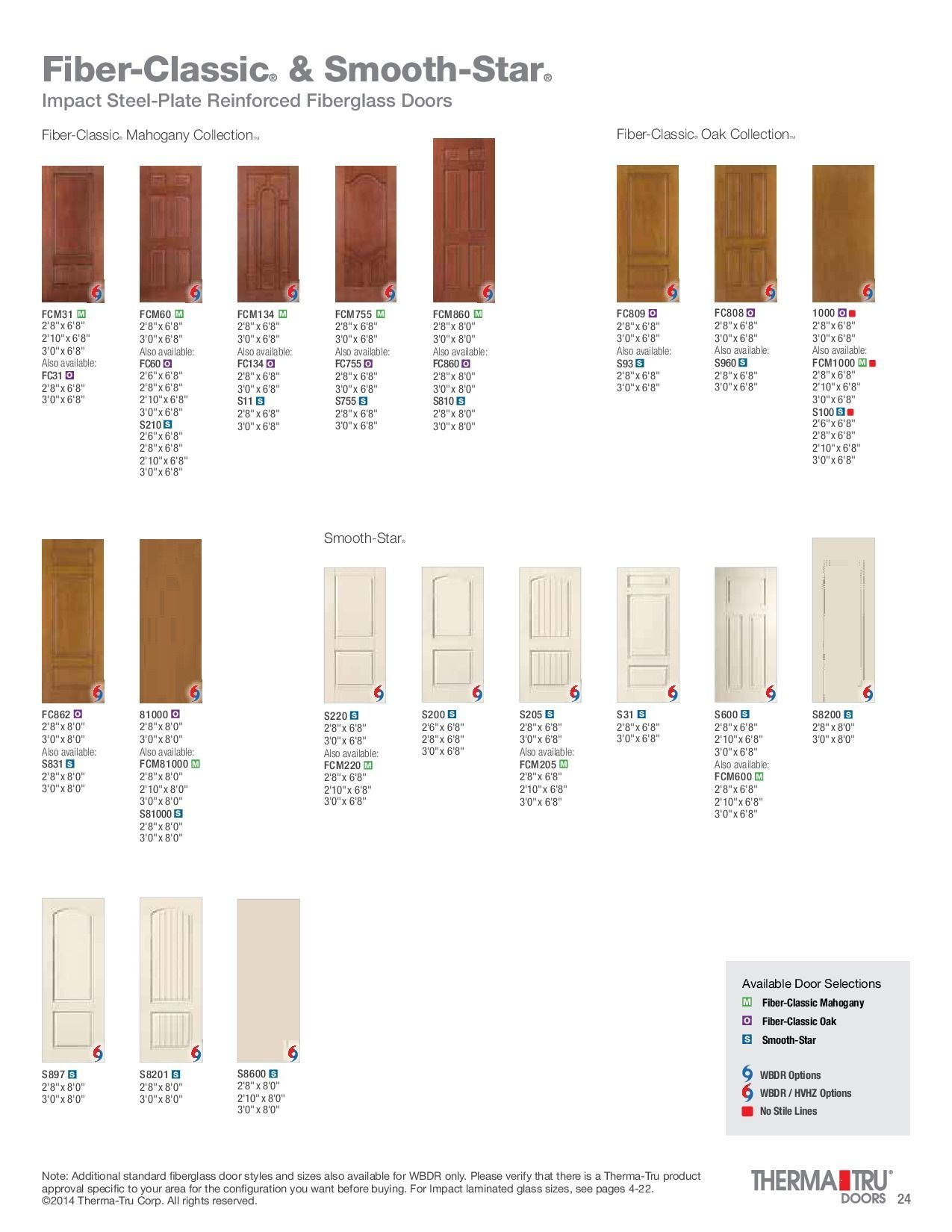 Catalog page with various Fiber-Classic and Smooth-Star door styles, including wood-grain and smooth finishes.
