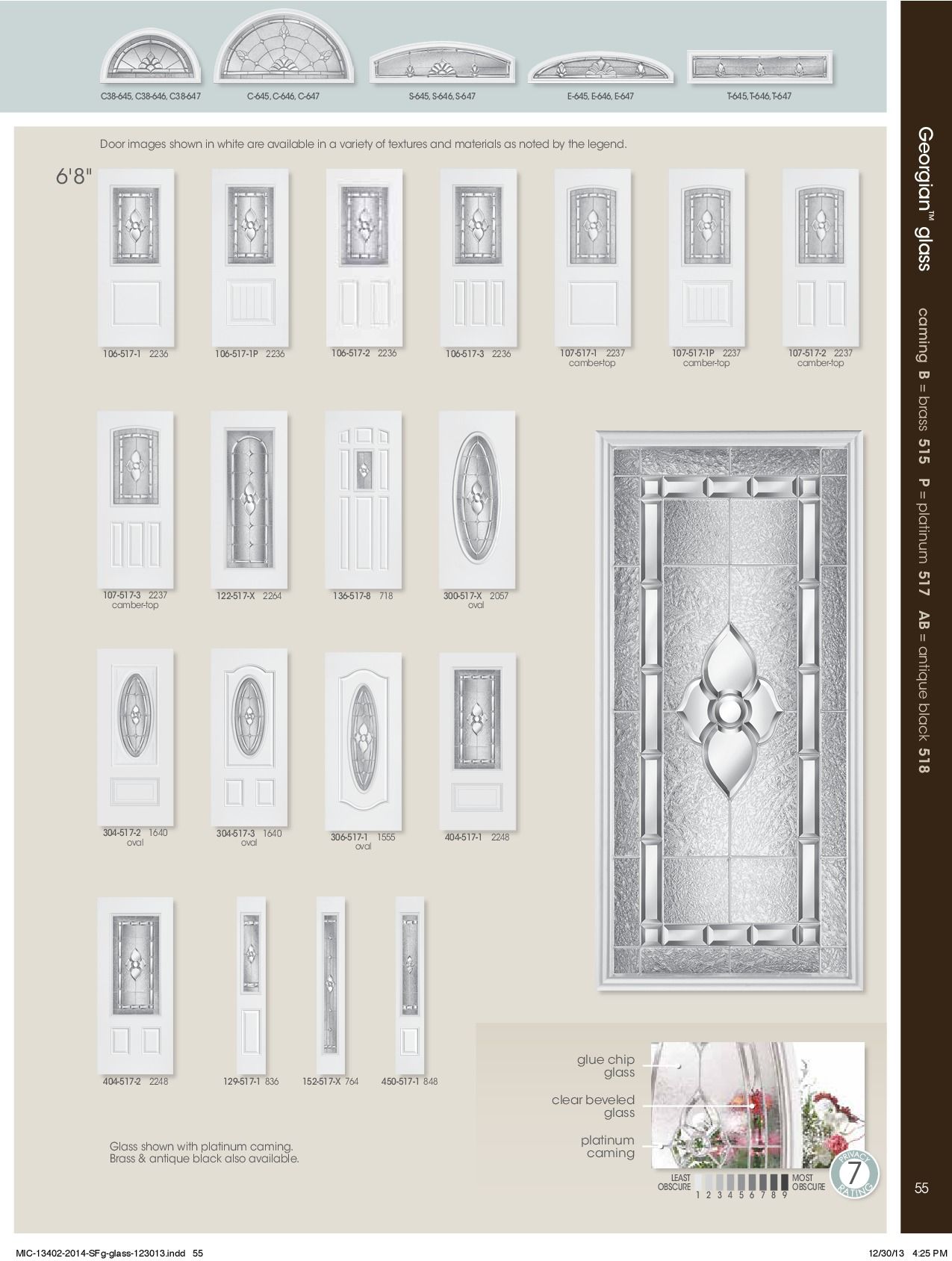 Catalog page with various white front doors and decorative glass panels.