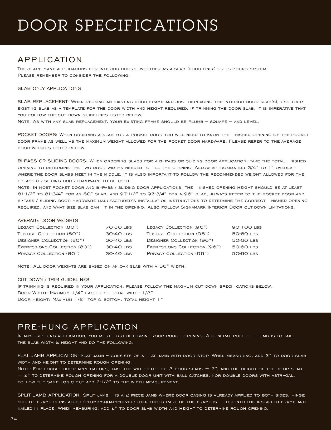 Door specifications document with headings, bullet points, and a table listing door applications.