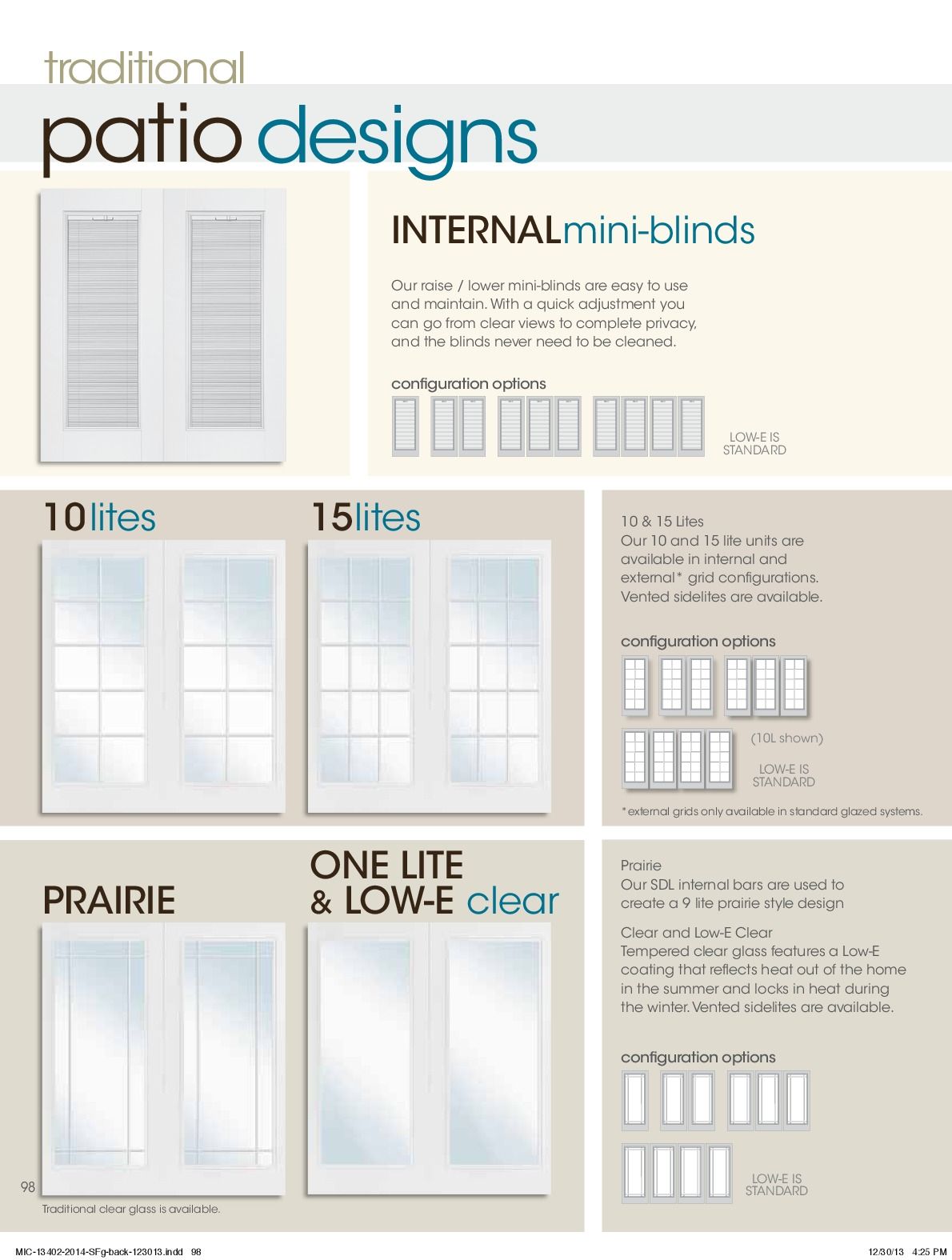 Page with patio door designs, including internal blinds, 10/15 lites, prairie, and one lite with low-e glass.