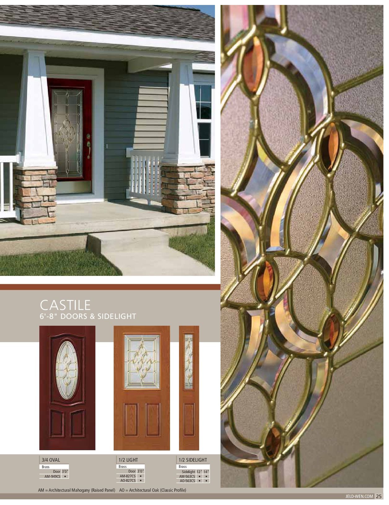 Home exterior with stained glass door design options, including close-up of decorative glass.