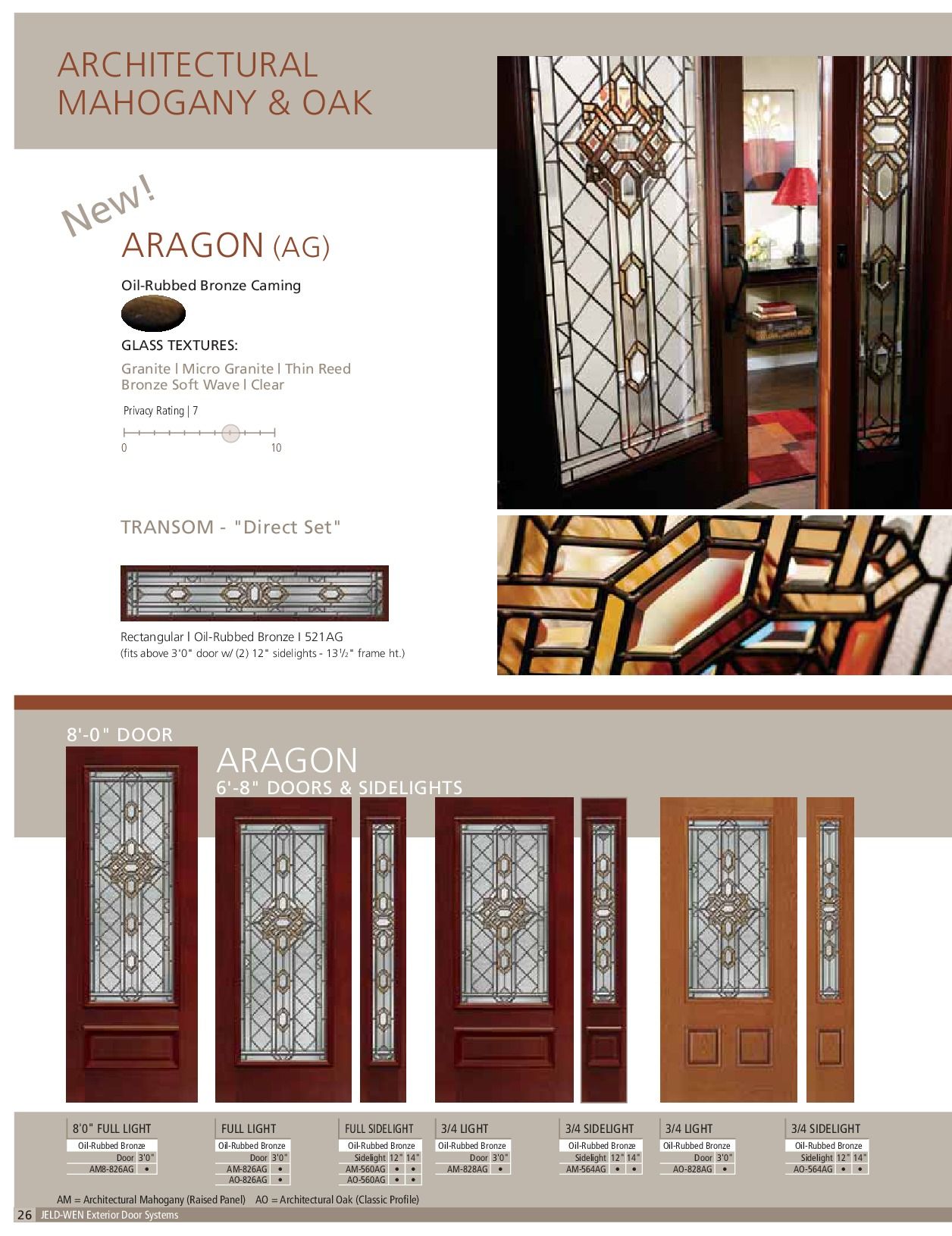 Page of architectural door options: mahogany and oak doors with stained glass panels.