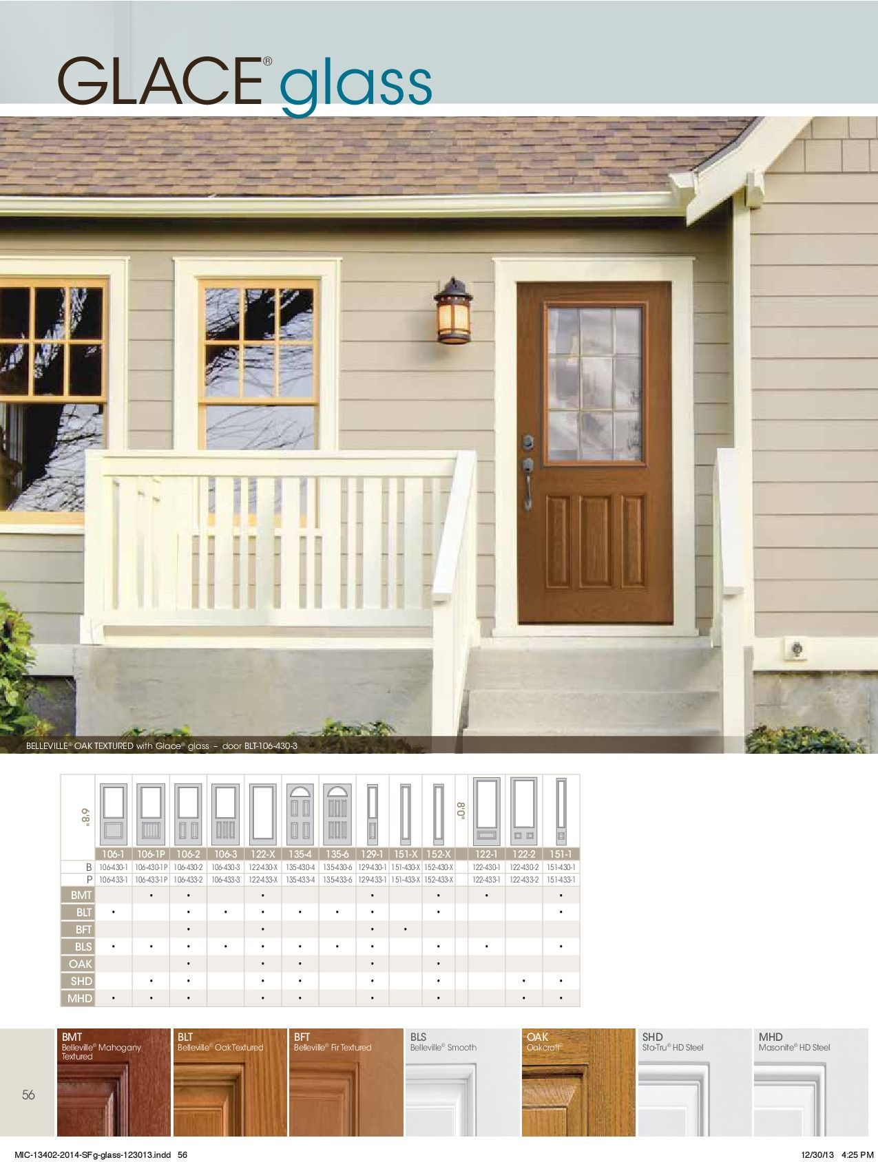 Brown door with glass panel, flanked by windows. Product catalog with door styles below.