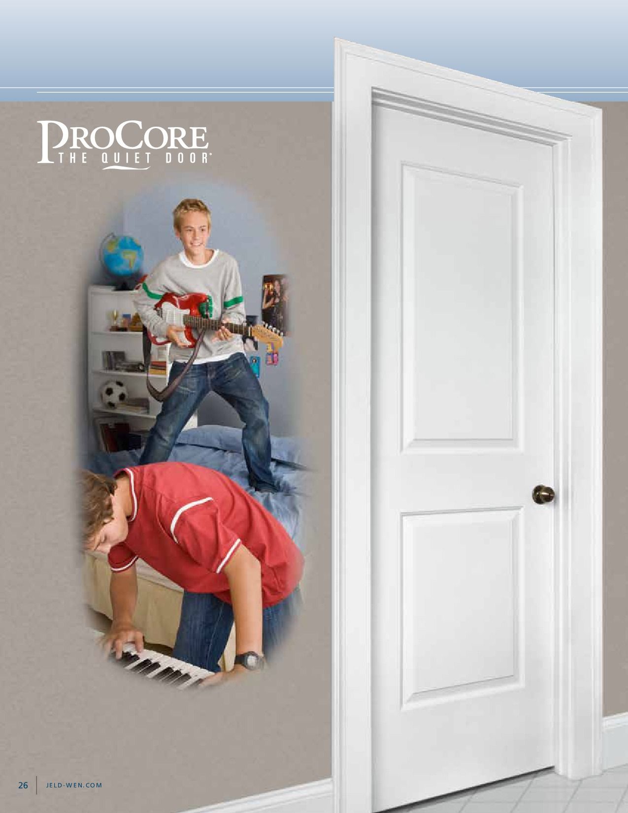 White door with a boy playing guitar, and another playing keyboard. 