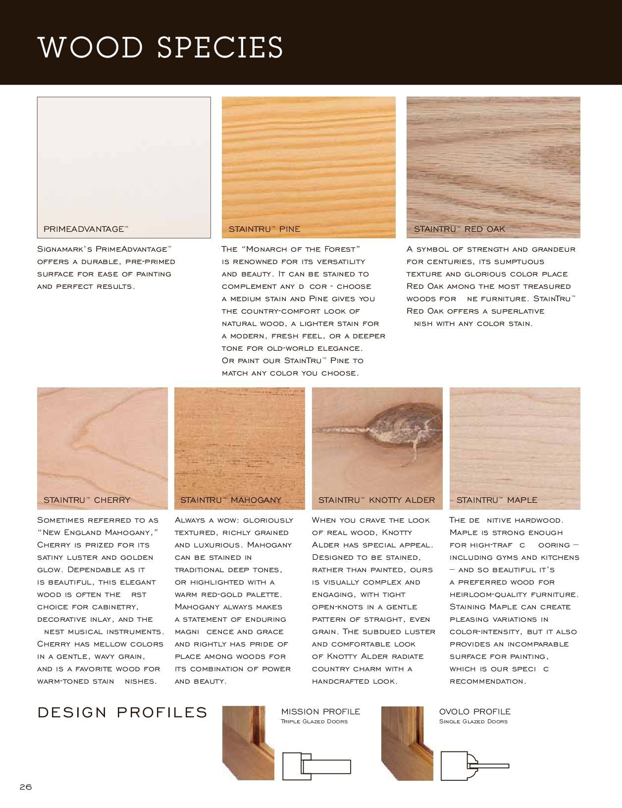 Wood species samples: white painted wood, ash, oak, maple, beech, pine, alder. Design profiles at the bottom.