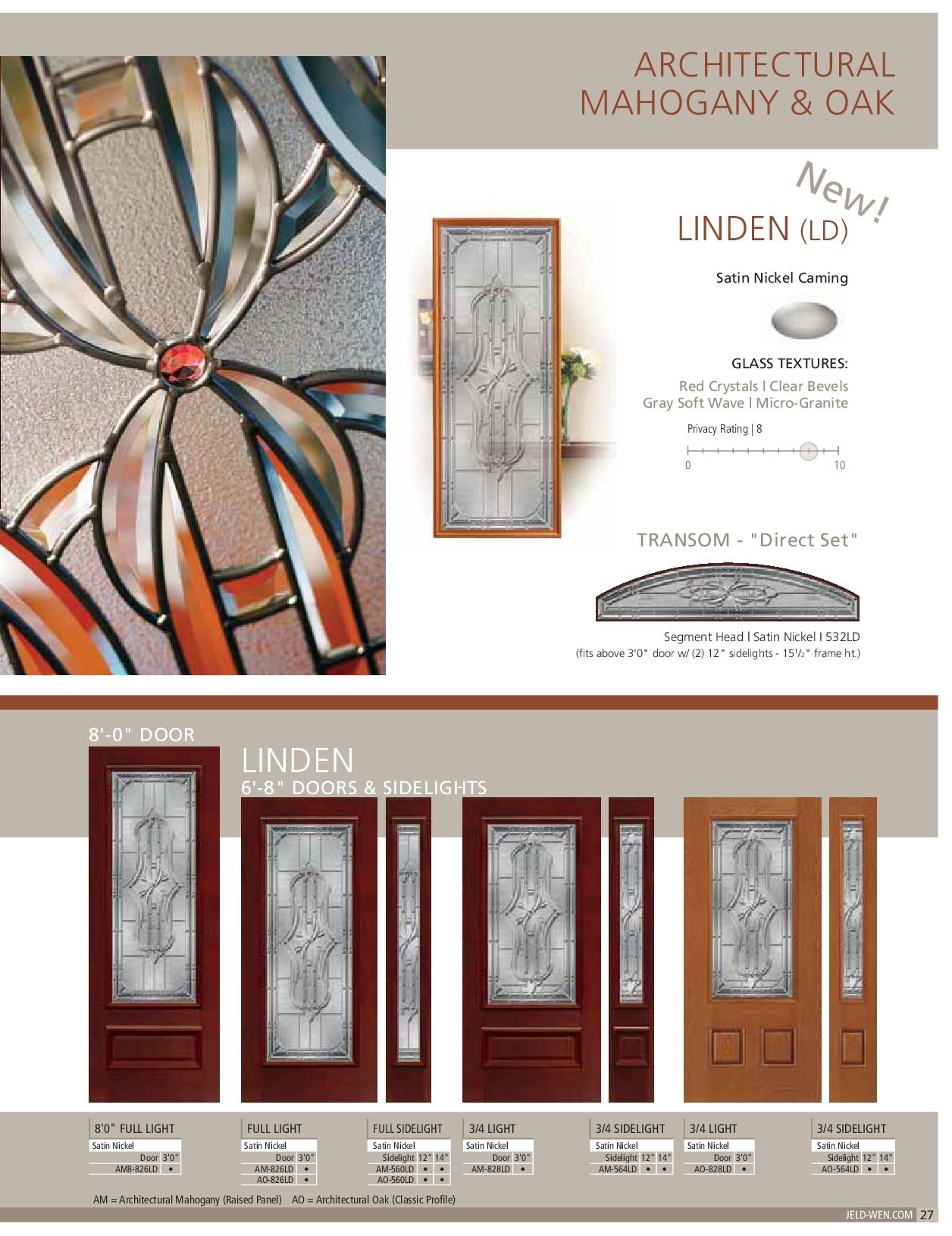 Architectural Mahogany & Oak door brochure with Linden design, featuring glass panels, various door styles, and wood finishes.
