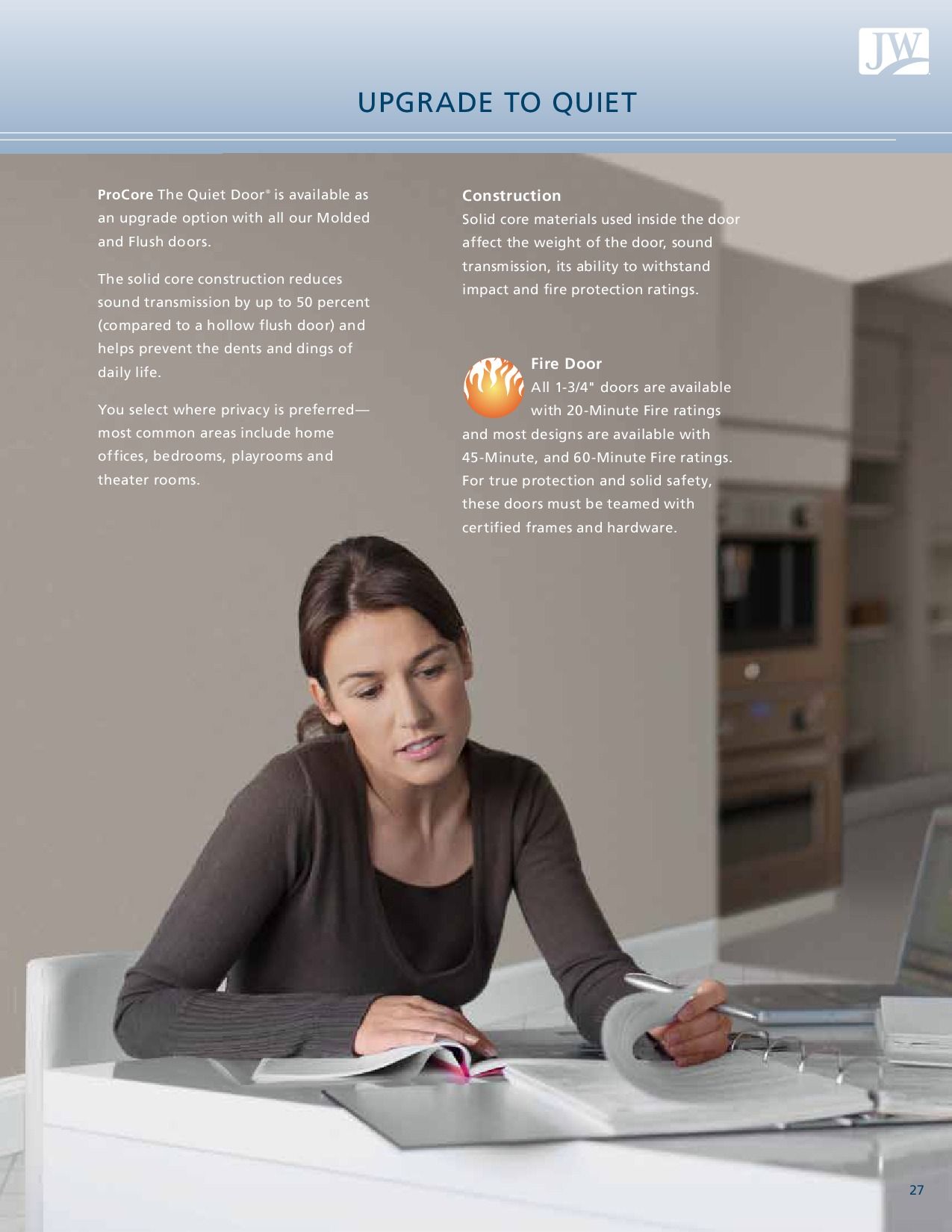 Woman reading a file, white table, beige background. Text promoting quiet home upgrades.