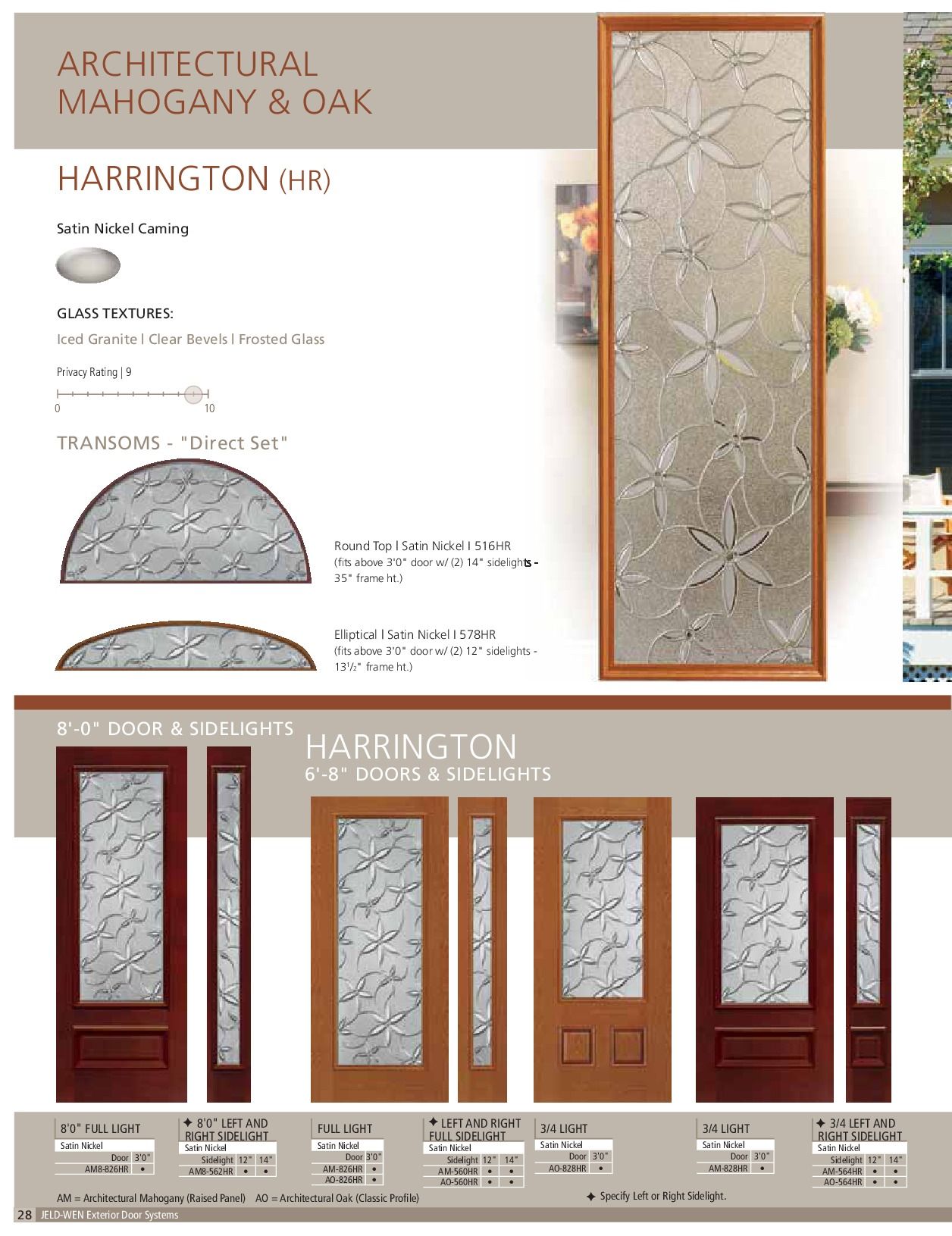 Catalog page: Architectural Mahogany & Oak doors, including Harrington model with glass panels.