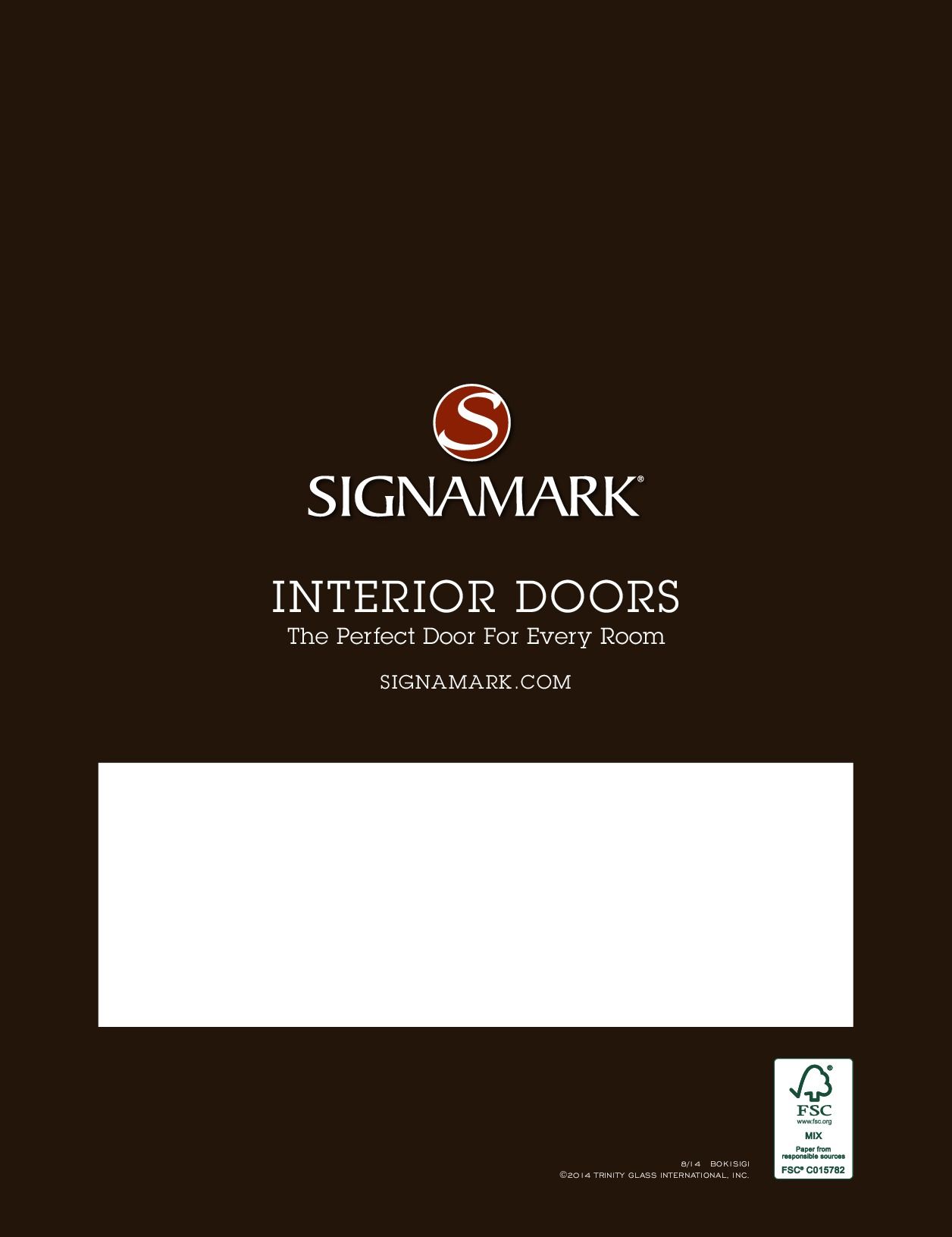Signamark Interior Doors brochure cover: brown background, white text box, logo, and FSC logo.