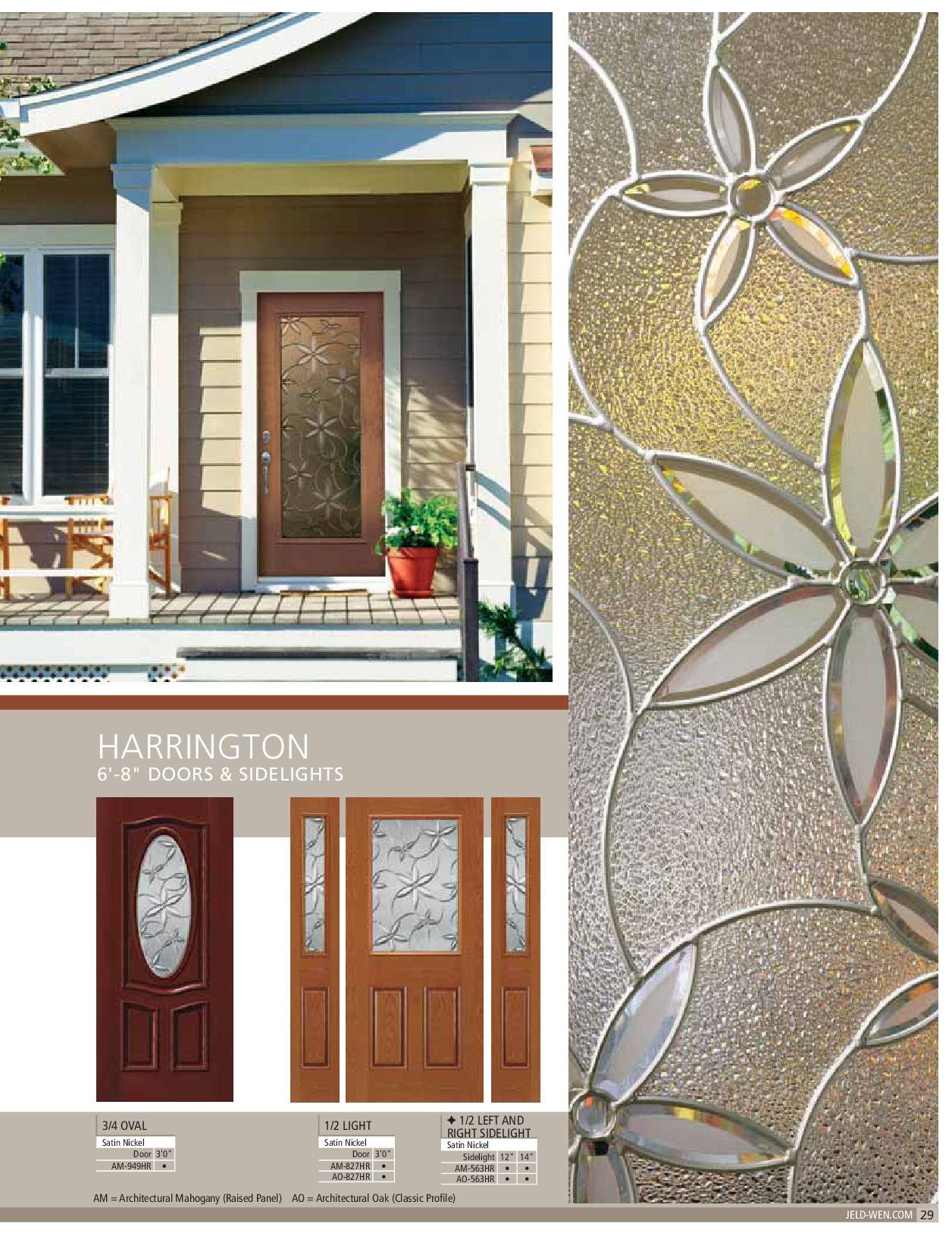 Front door with glass panel featuring floral design.