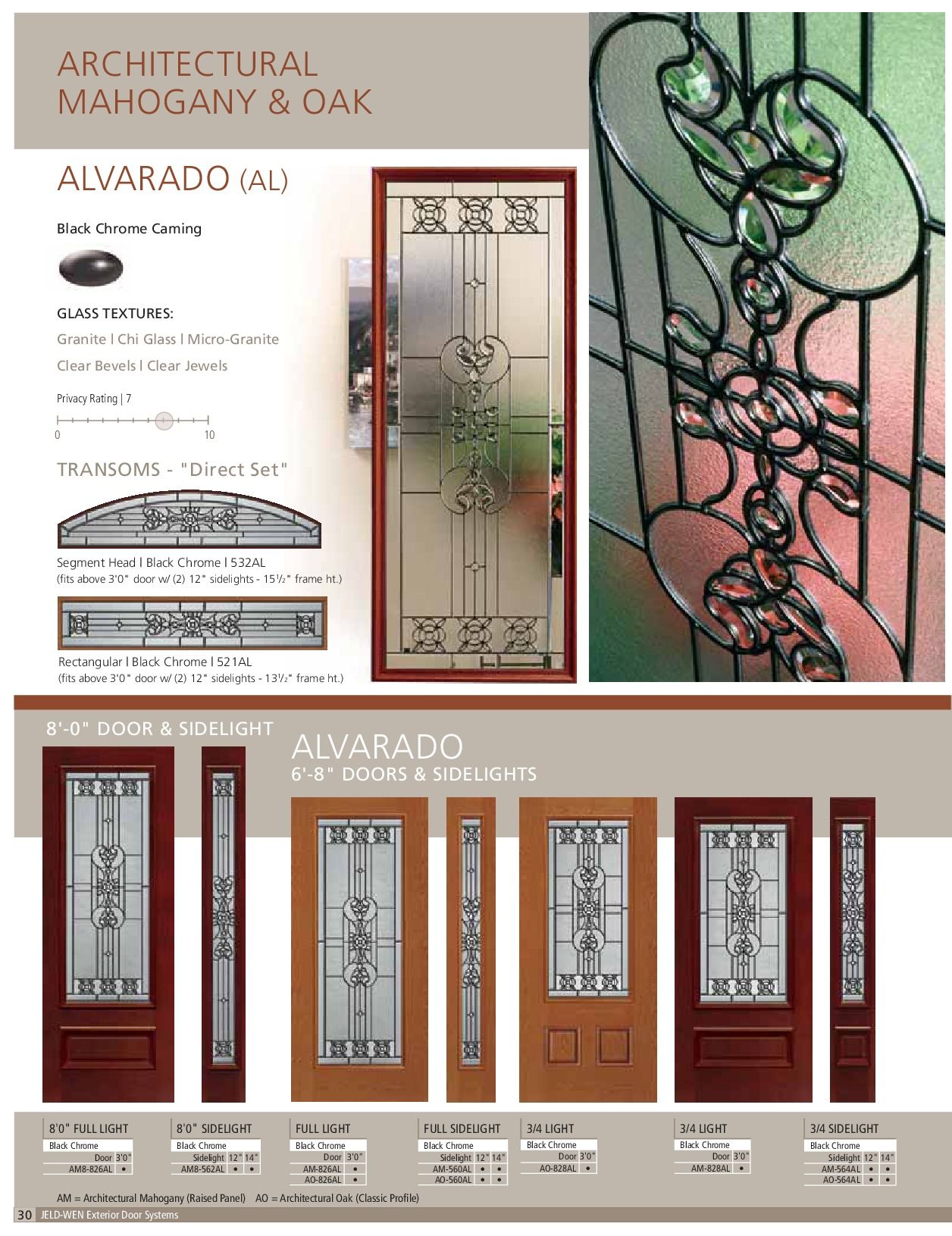 Architectural door catalog page showcasing mahogany and oak Alvarado doors with glass panels, in various styles.