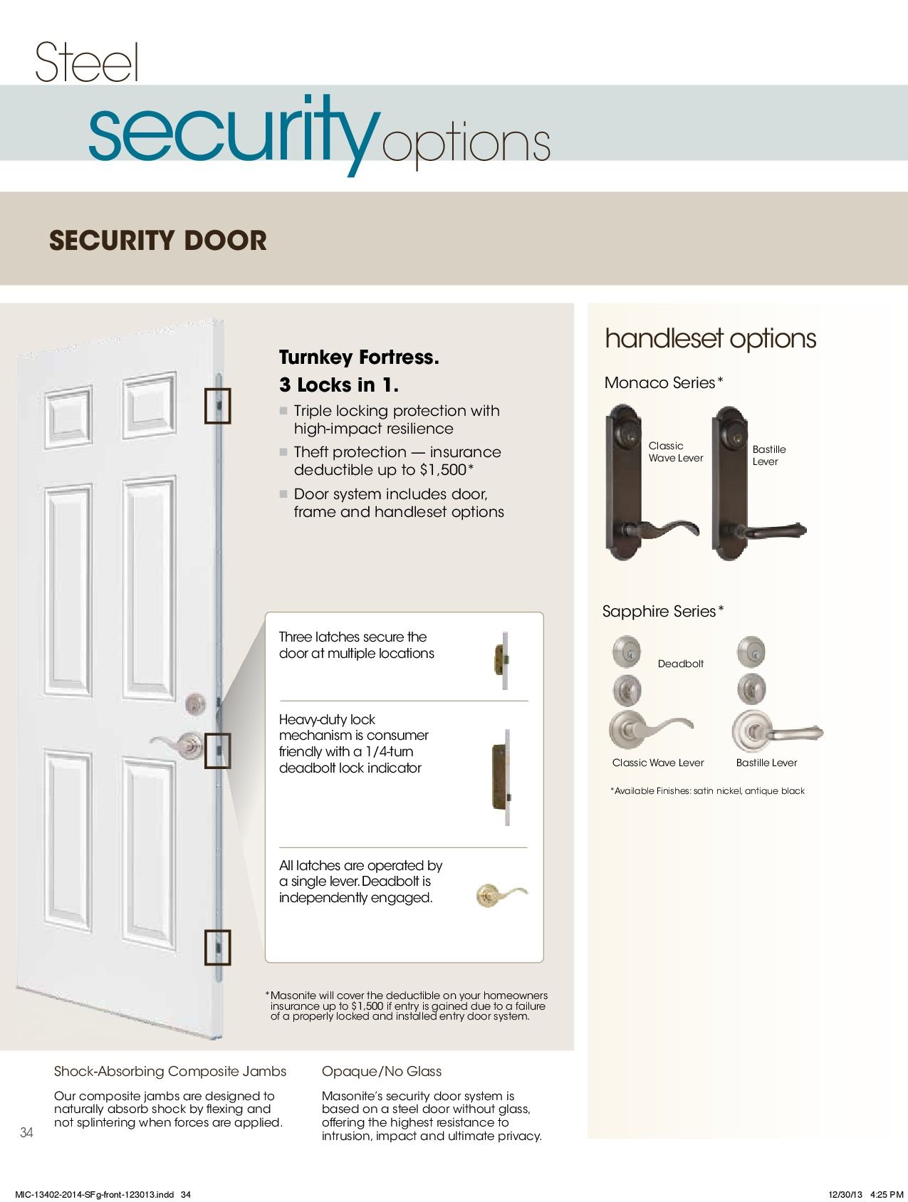 Security door options: door with lever & knob options, and locking features.