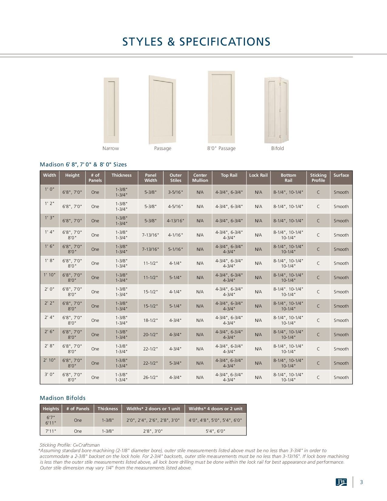 Page showing cabinet door styles and specifications, featuring different door designs and a table with dimensions.
