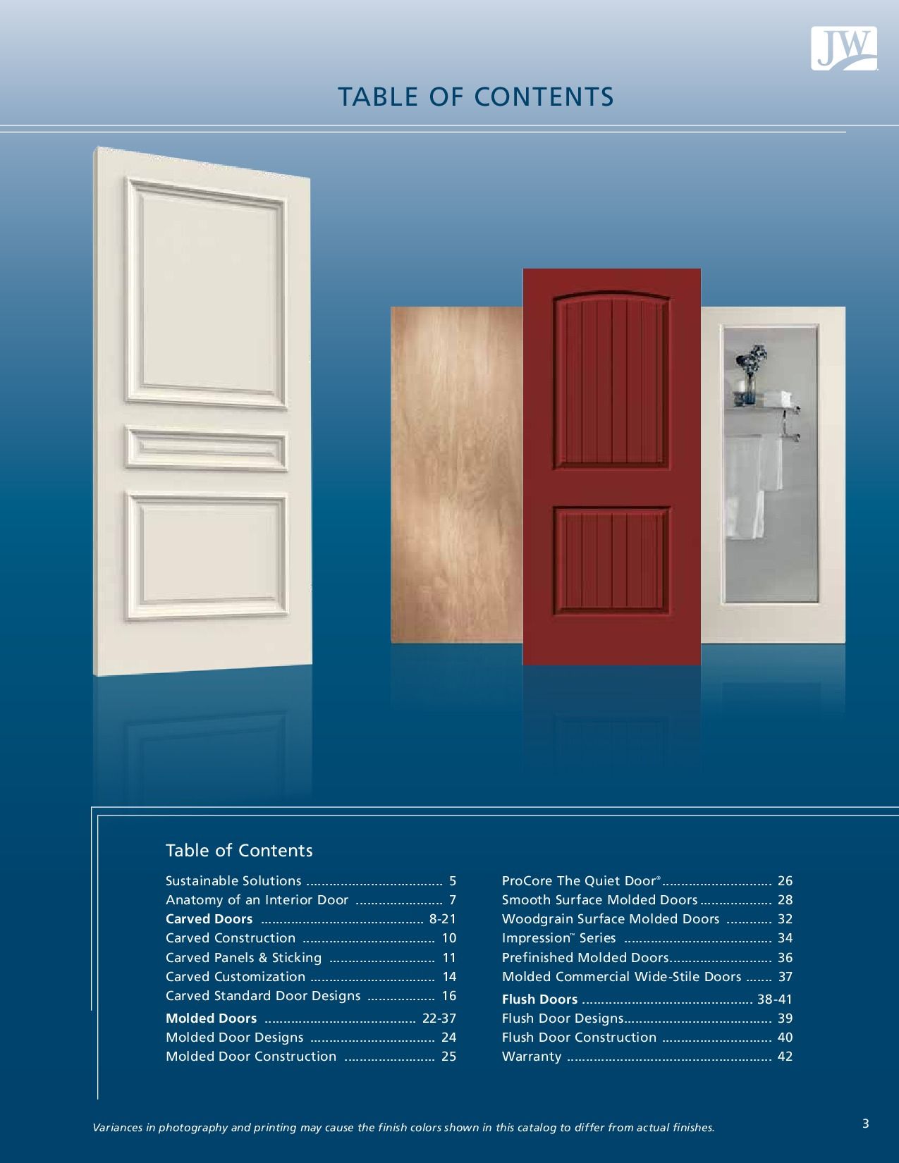 Catalog page with several doors and a table of contents, blue background, and JW logo.