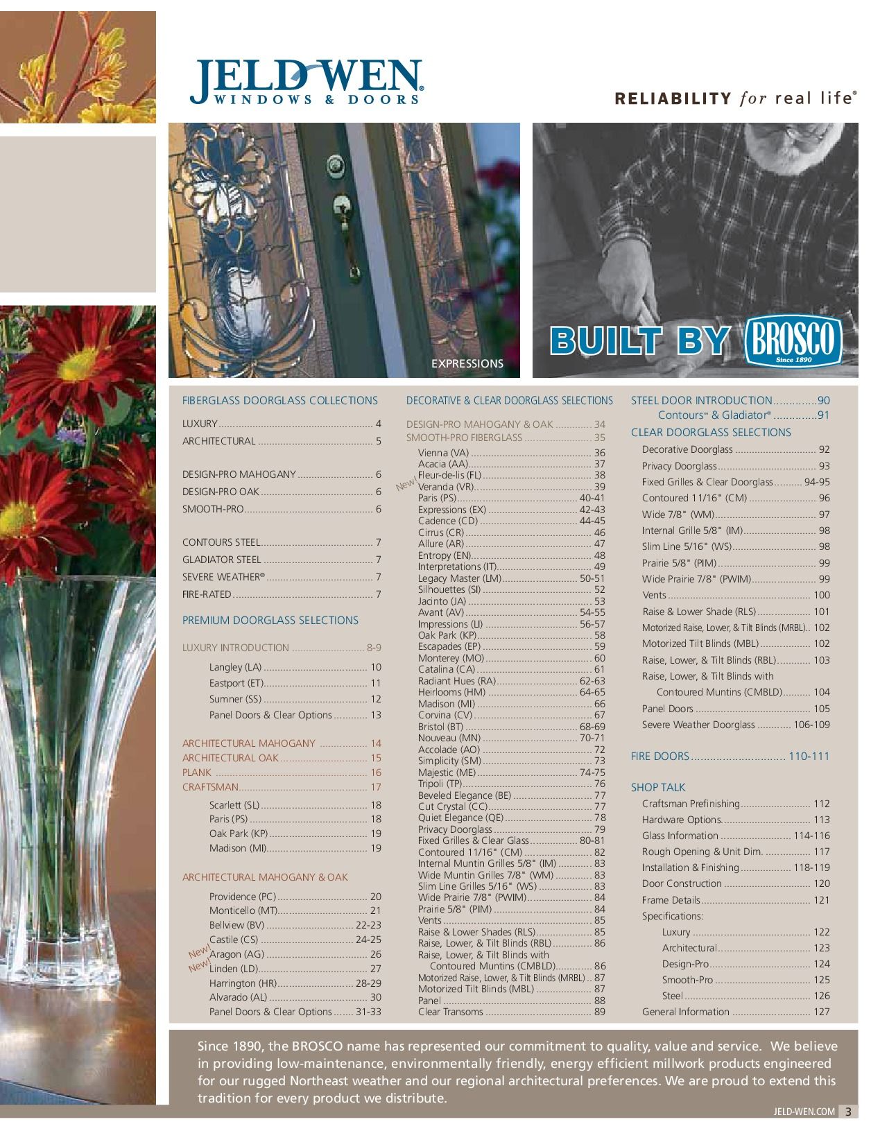 JELD-WEN catalog cover with table of contents, product images, and text.