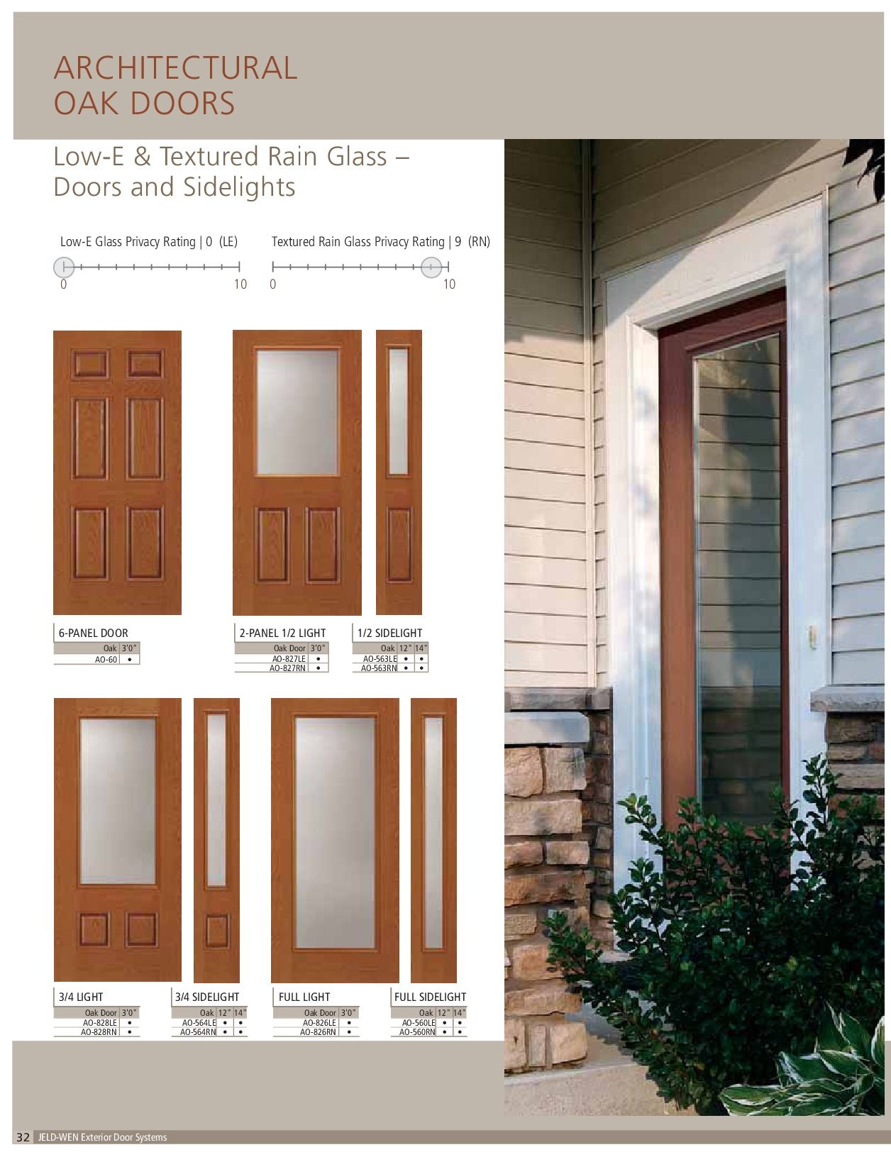 Architectural oak doors catalog: various door styles with glass panels, next to a house with a brown door.