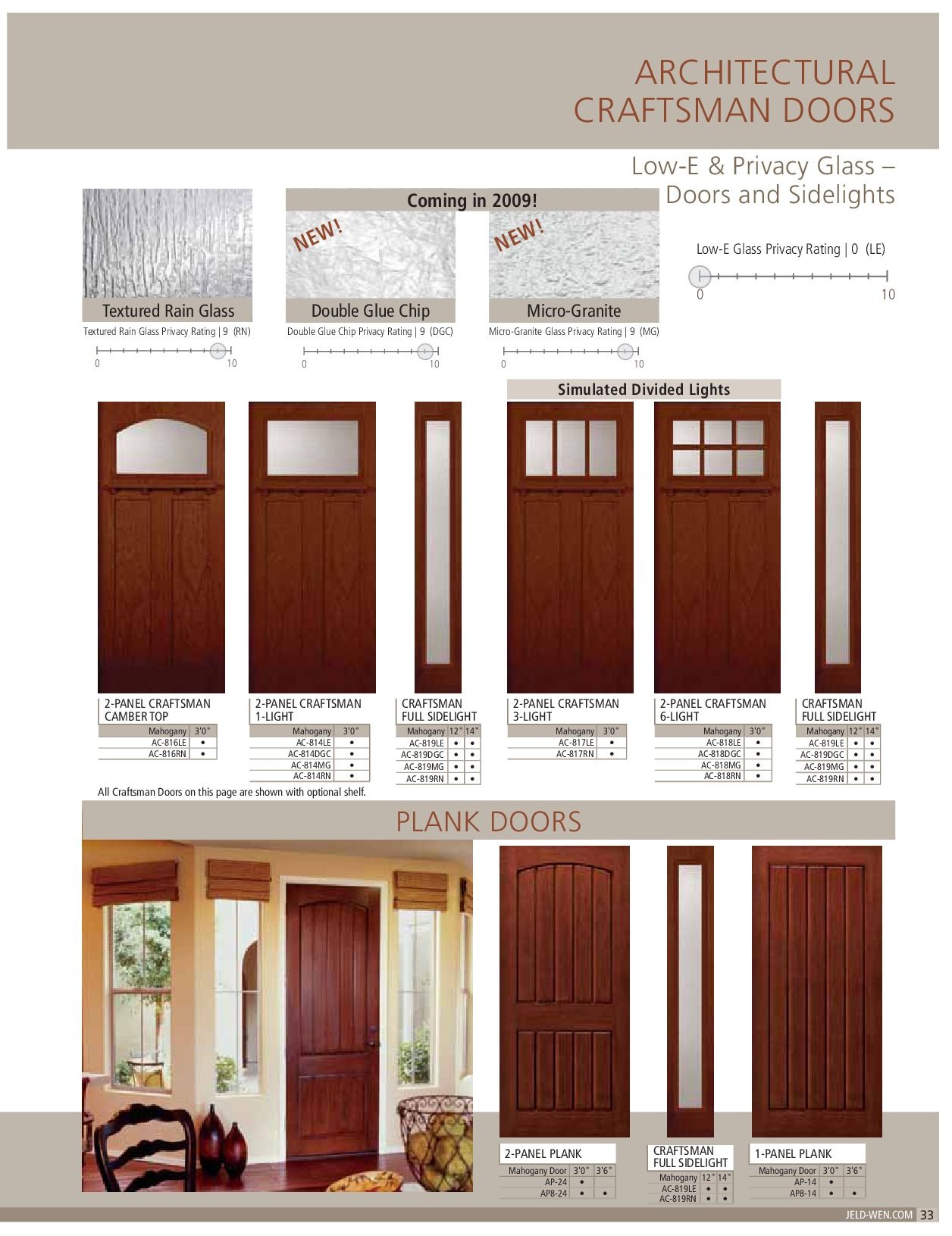 Architectural Craftsman Doors catalog: stained wood doors and sidelights with various glass options.