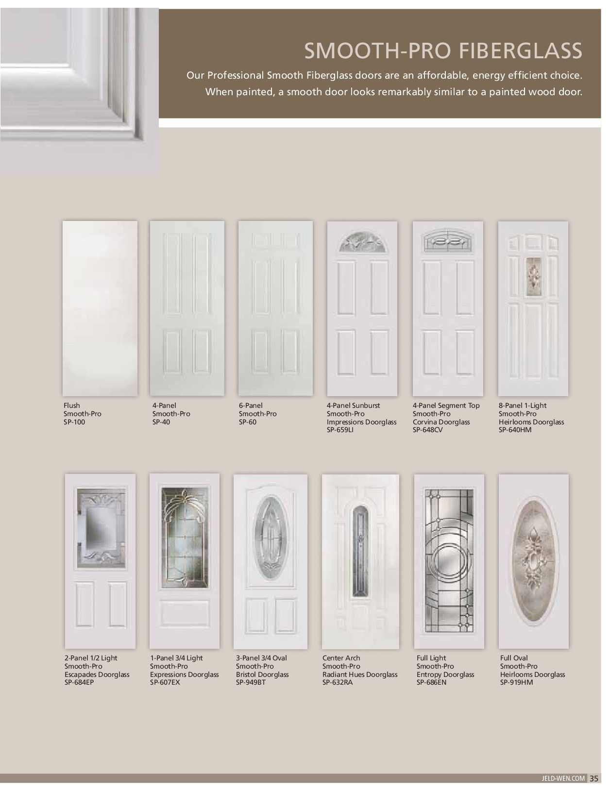 Catalog page featuring white fiberglass doors of various styles.