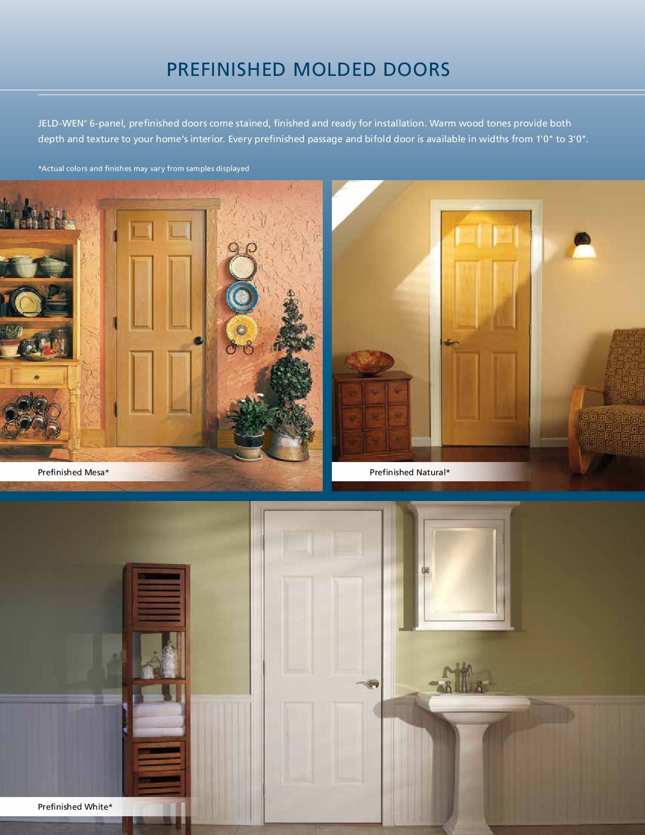 Prefinished molded doors: three interior door styles displayed in different home settings.