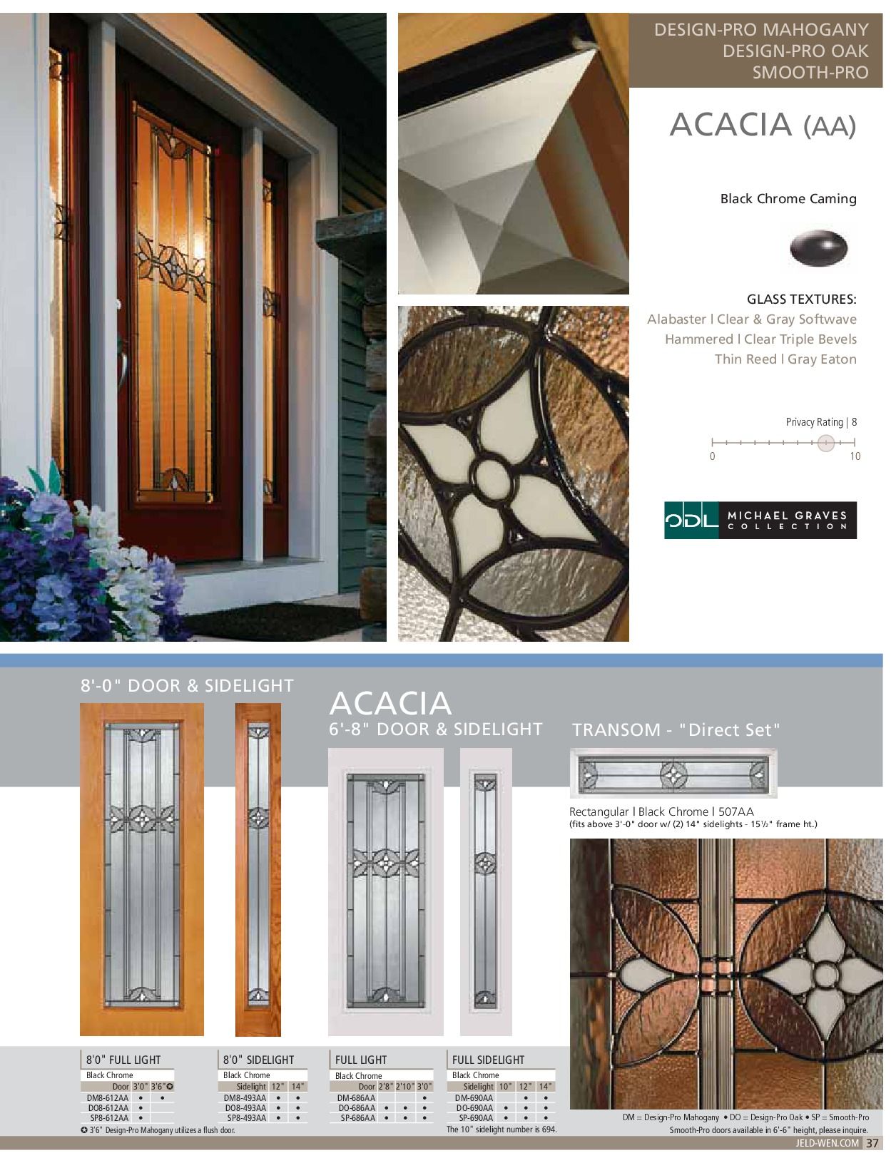 Brochure featuring Acacia door designs. Close-ups of glass details, various door and sidelight configurations.