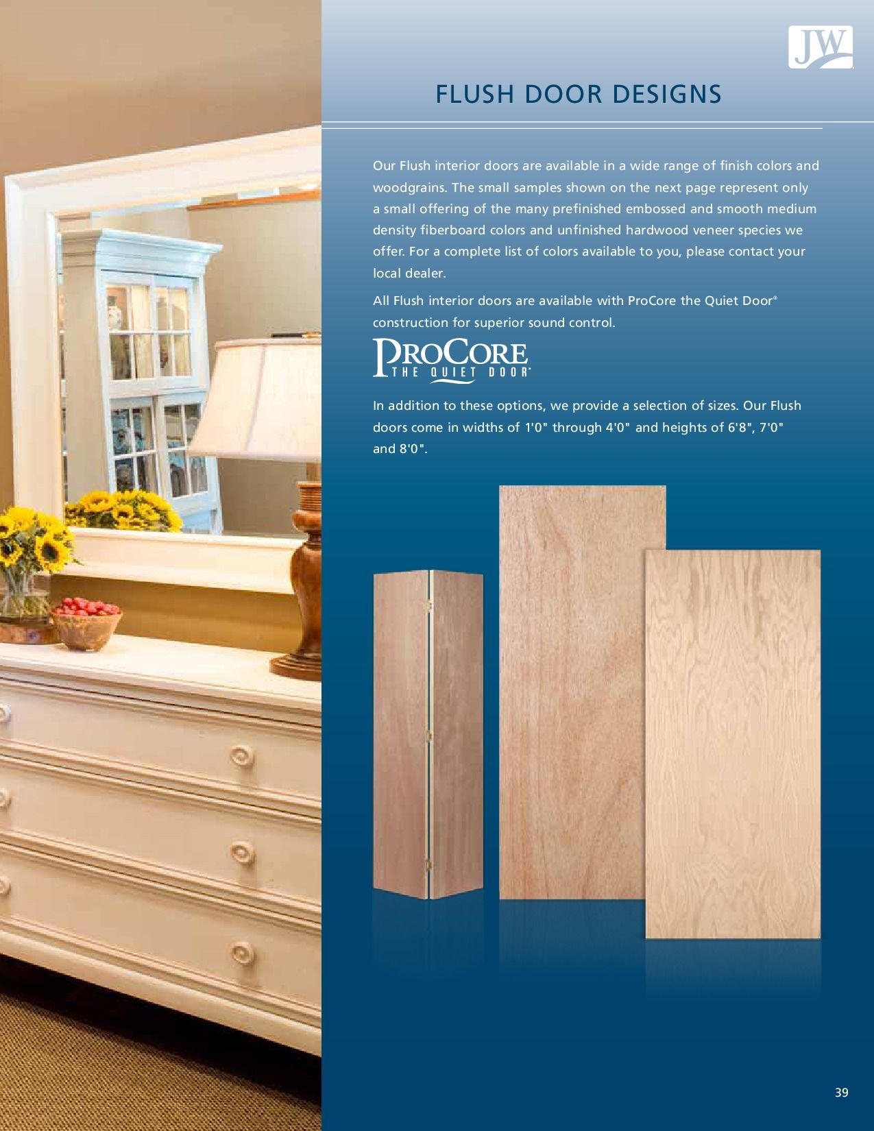Catalog page with a white dresser and mirror, and wood flush door samples.