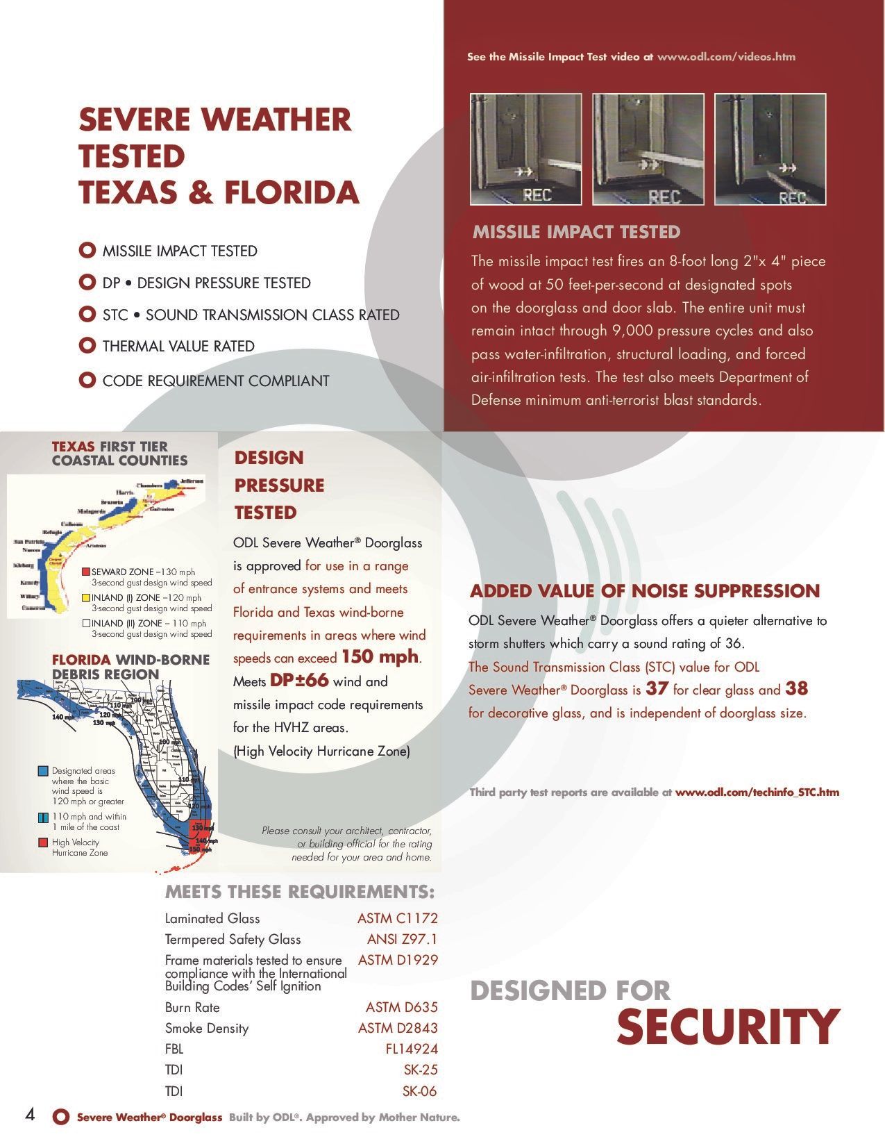 Advertisement detailing severe weather tested windows for Texas and Florida. Includes impact test photos and wind speed data.