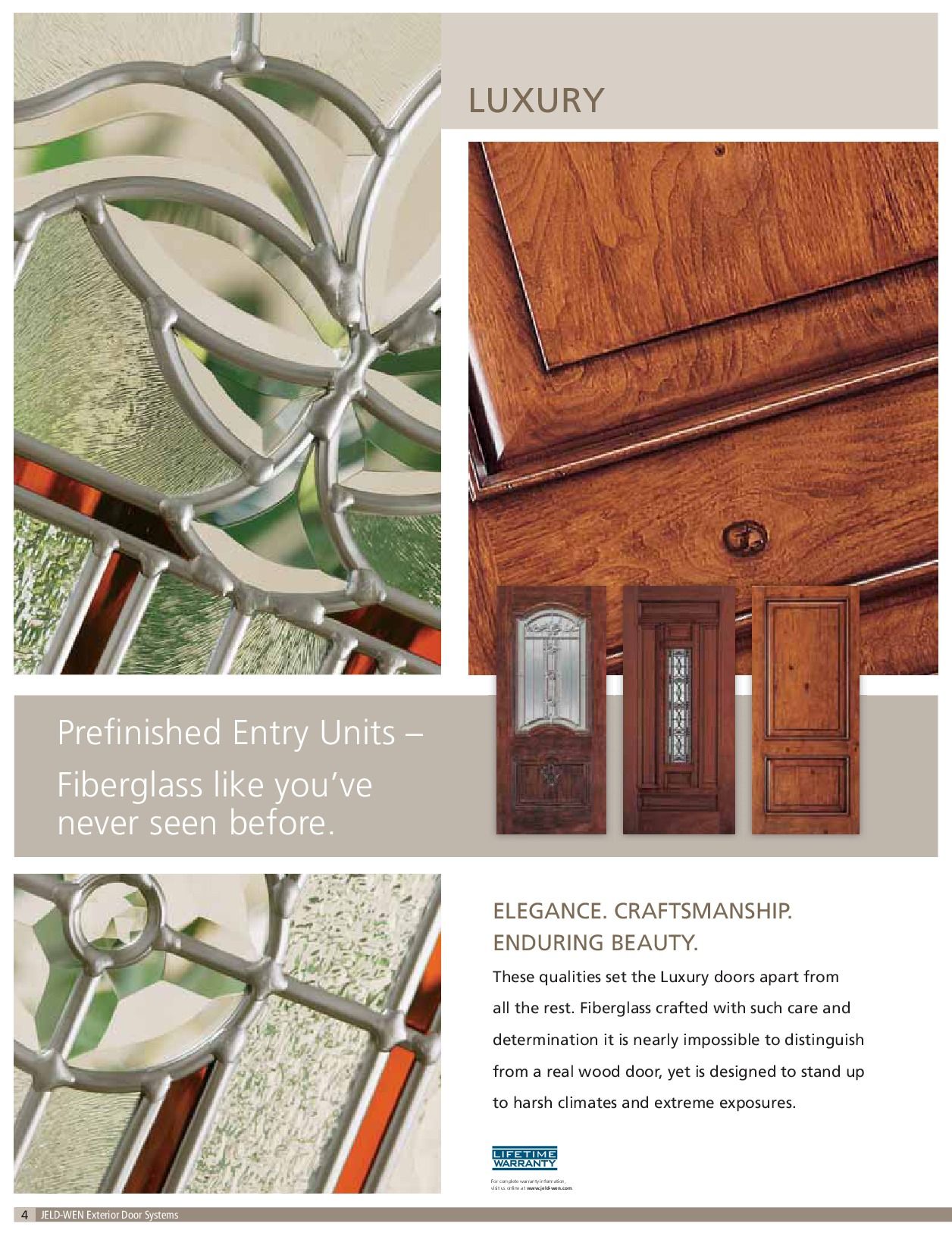 Luxury entry doors with stained glass, woodgrain, and panel designs.