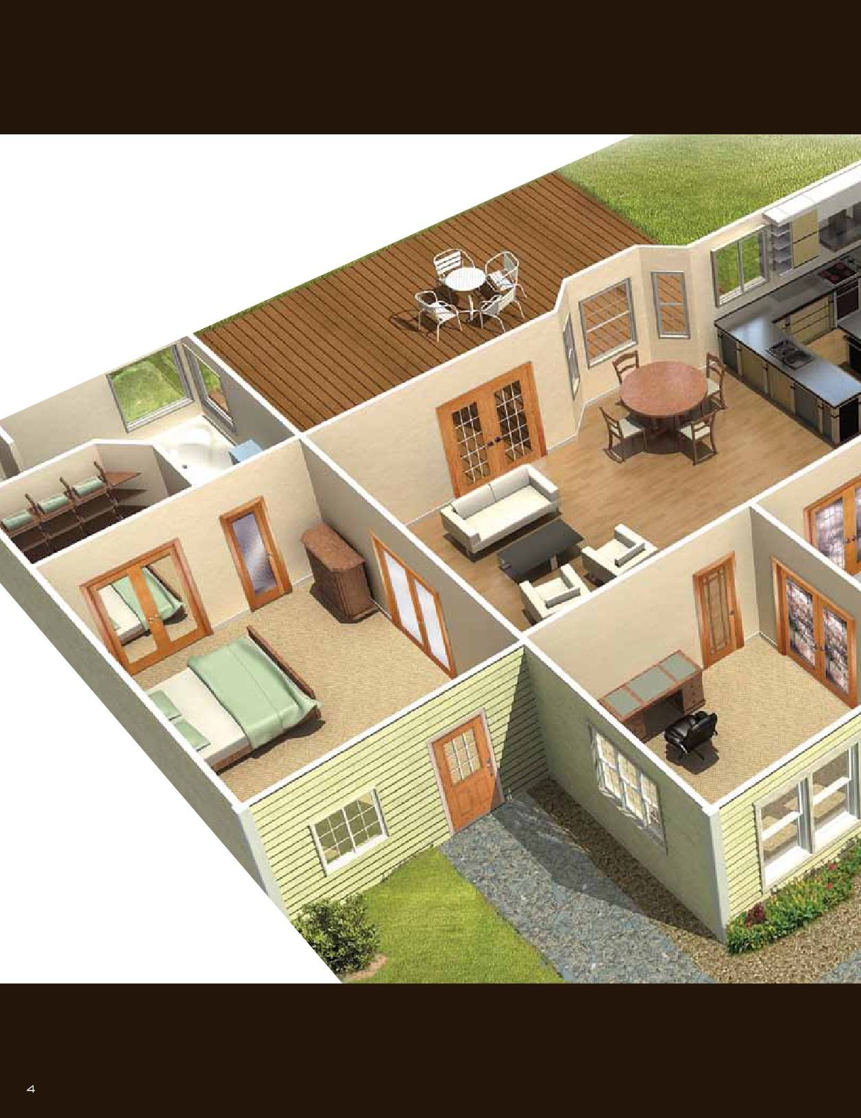 Cutaway view of a house interior, showing furnished rooms, outdoor patio, and green yard; a simulated environment.