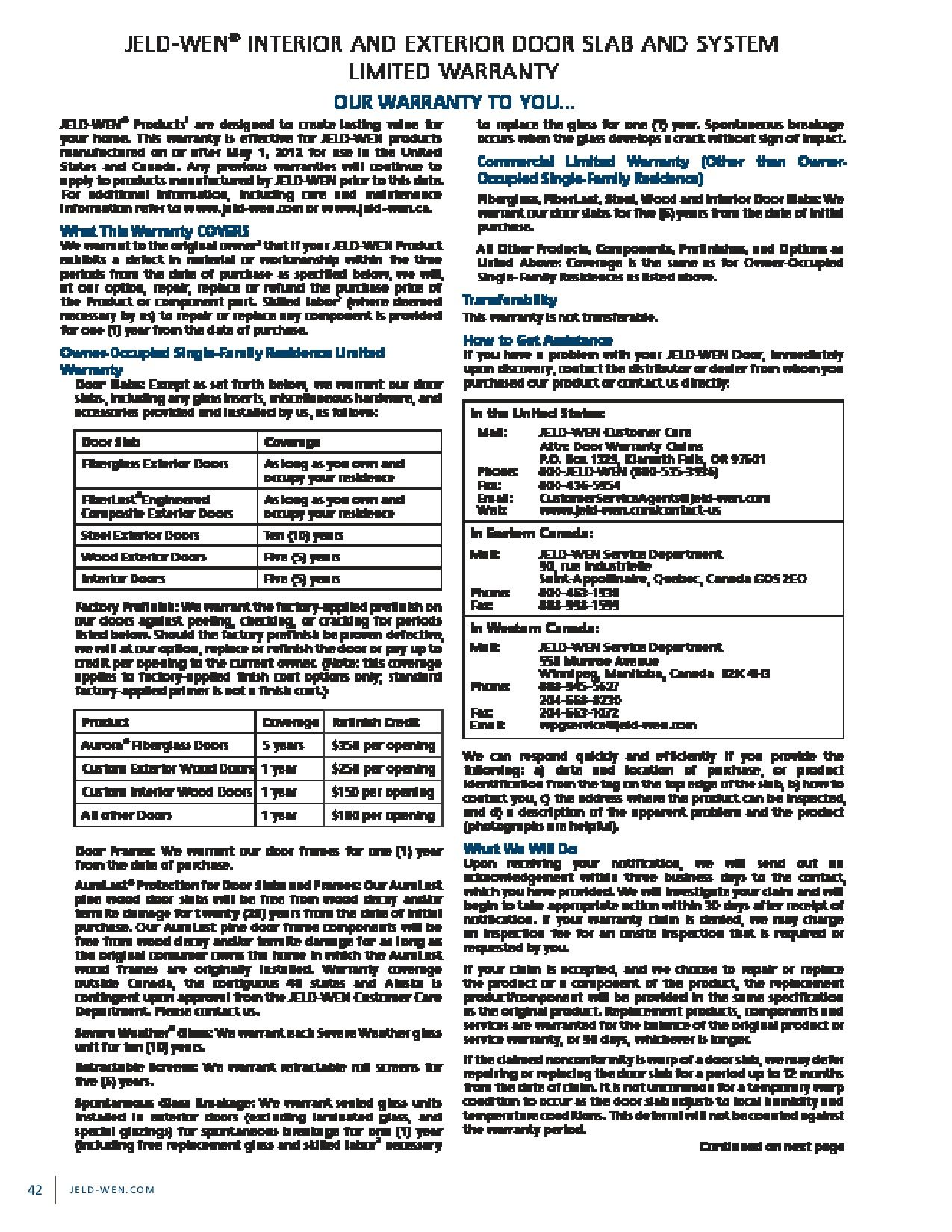 A warranty document for an interior and exterior door and system, with text and details.