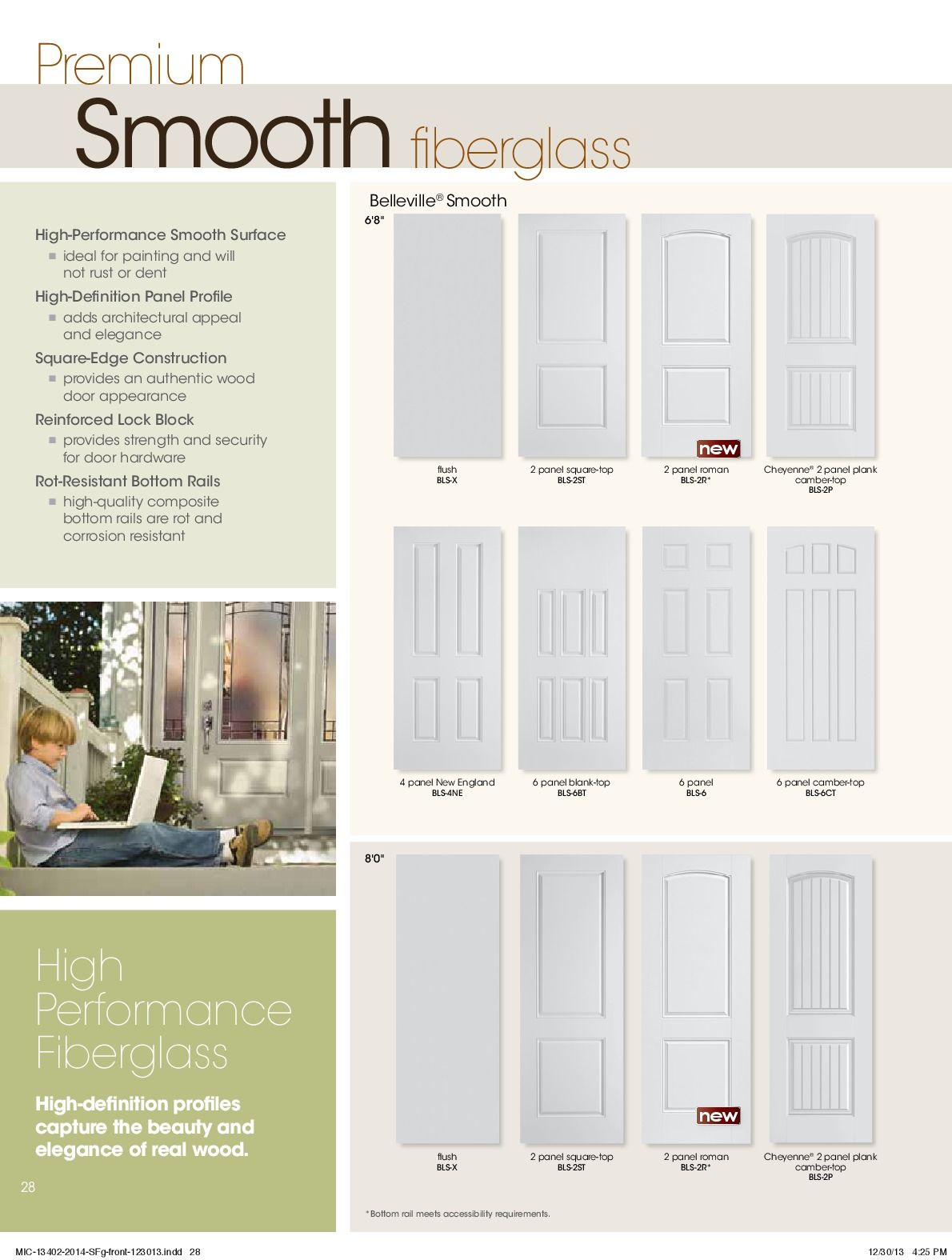 Catalog page: Premium Smooth fiberglass doors, white. Includes various panel designs.