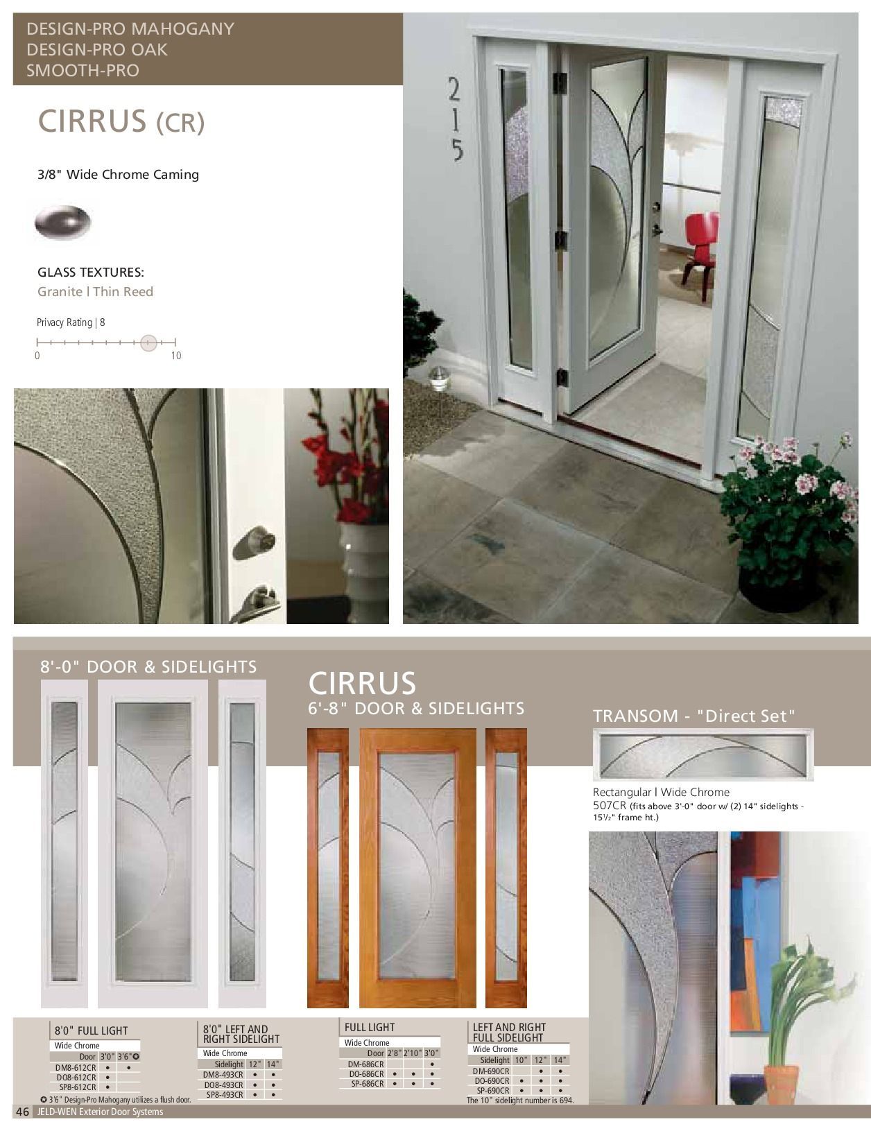 Door catalog: Cirrus style, white and wood doors with decorative glass.