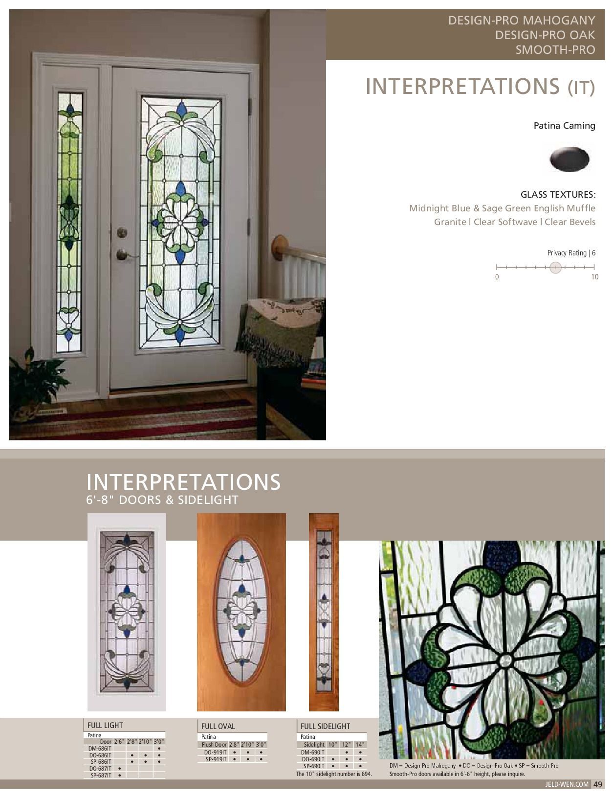 Door catalog page. White door with stained glass designs. Samples shown in several shapes and colors.