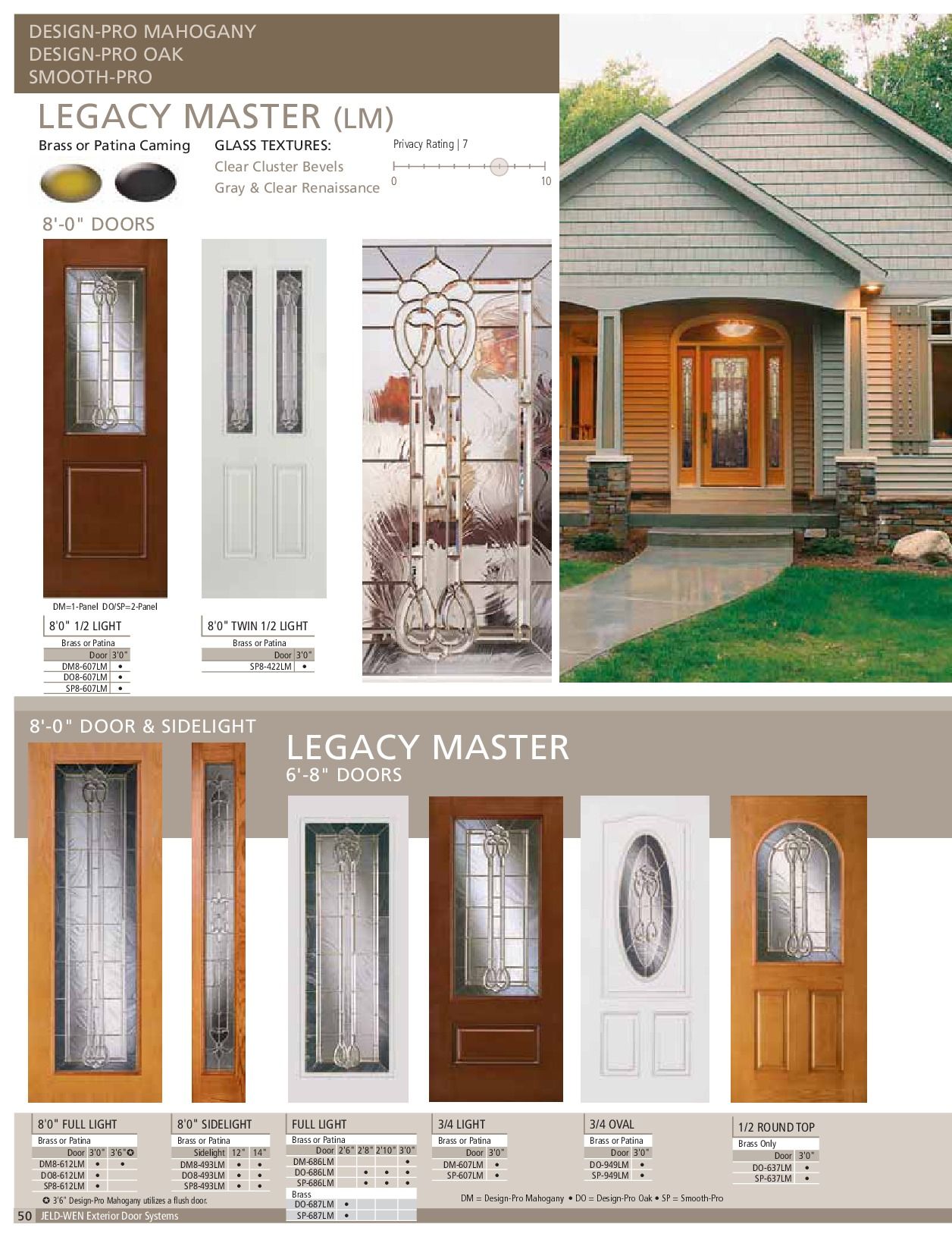 Catalog page of Legacy Master doors, showing various styles and a home entryway.