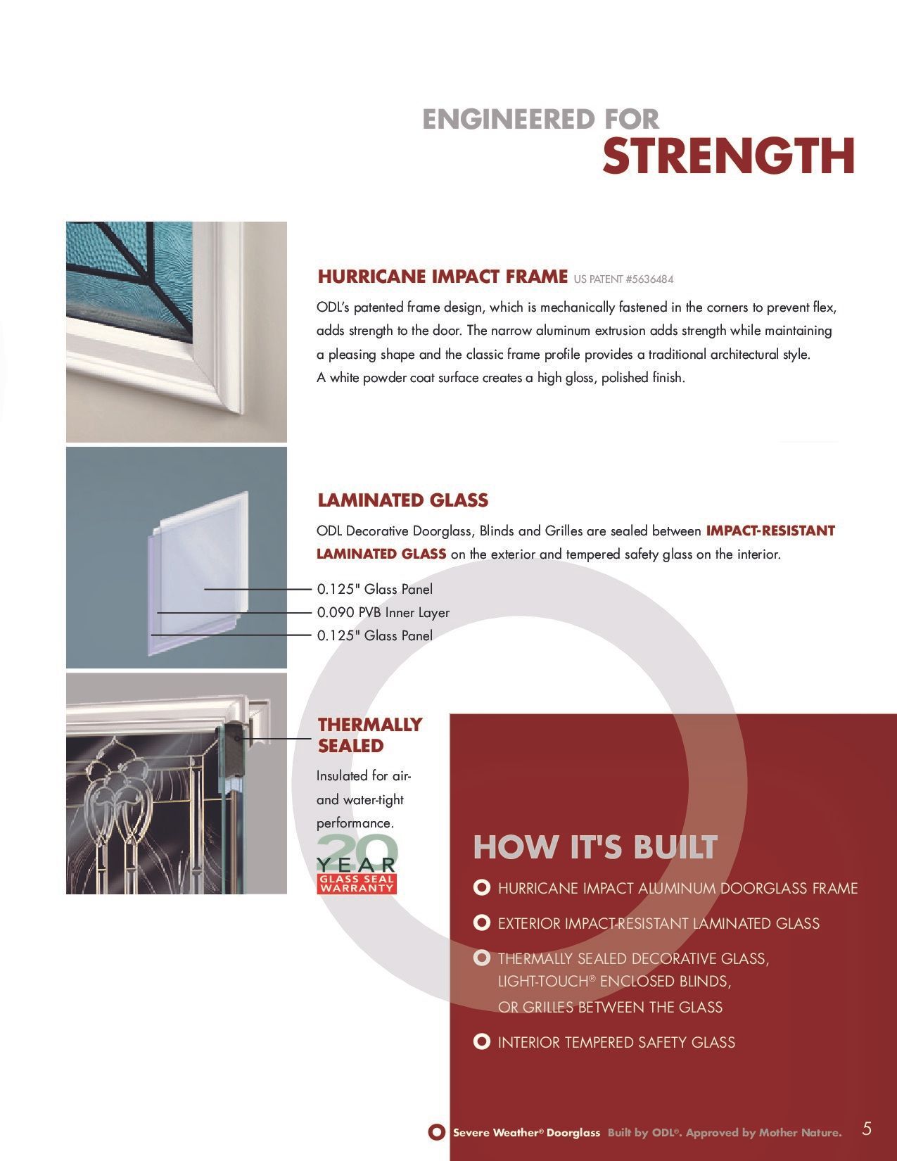 Page with details on window strength and features, including hurricane impact frame and laminated glass.