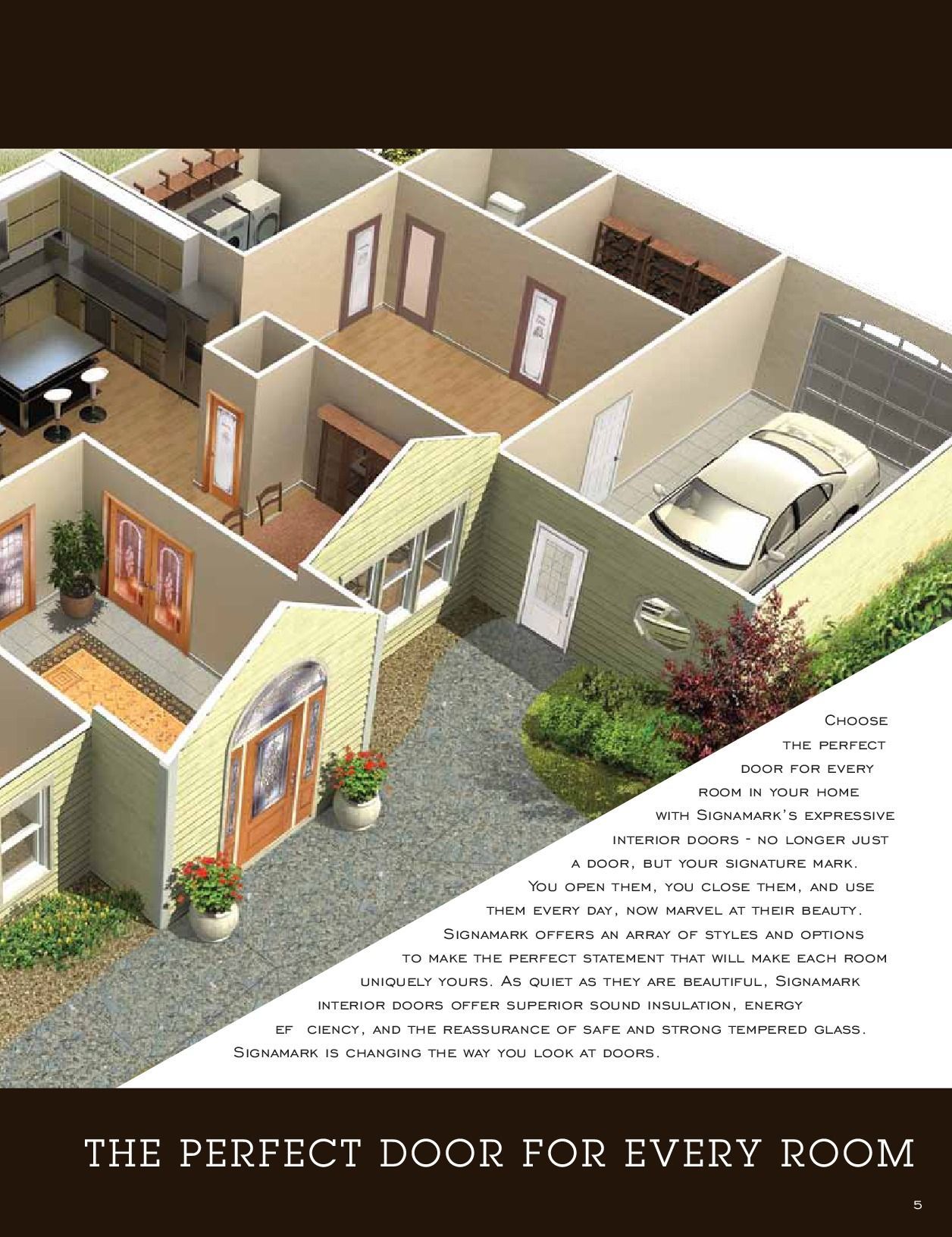 Cutaway view of a house showcasing various rooms with doors and a car in the garage.