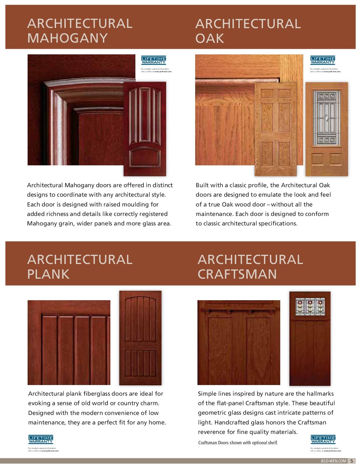 Architectural door styles: Mahogany, Oak, Plank, Craftsman. Brown doors with design details, text, and logos.