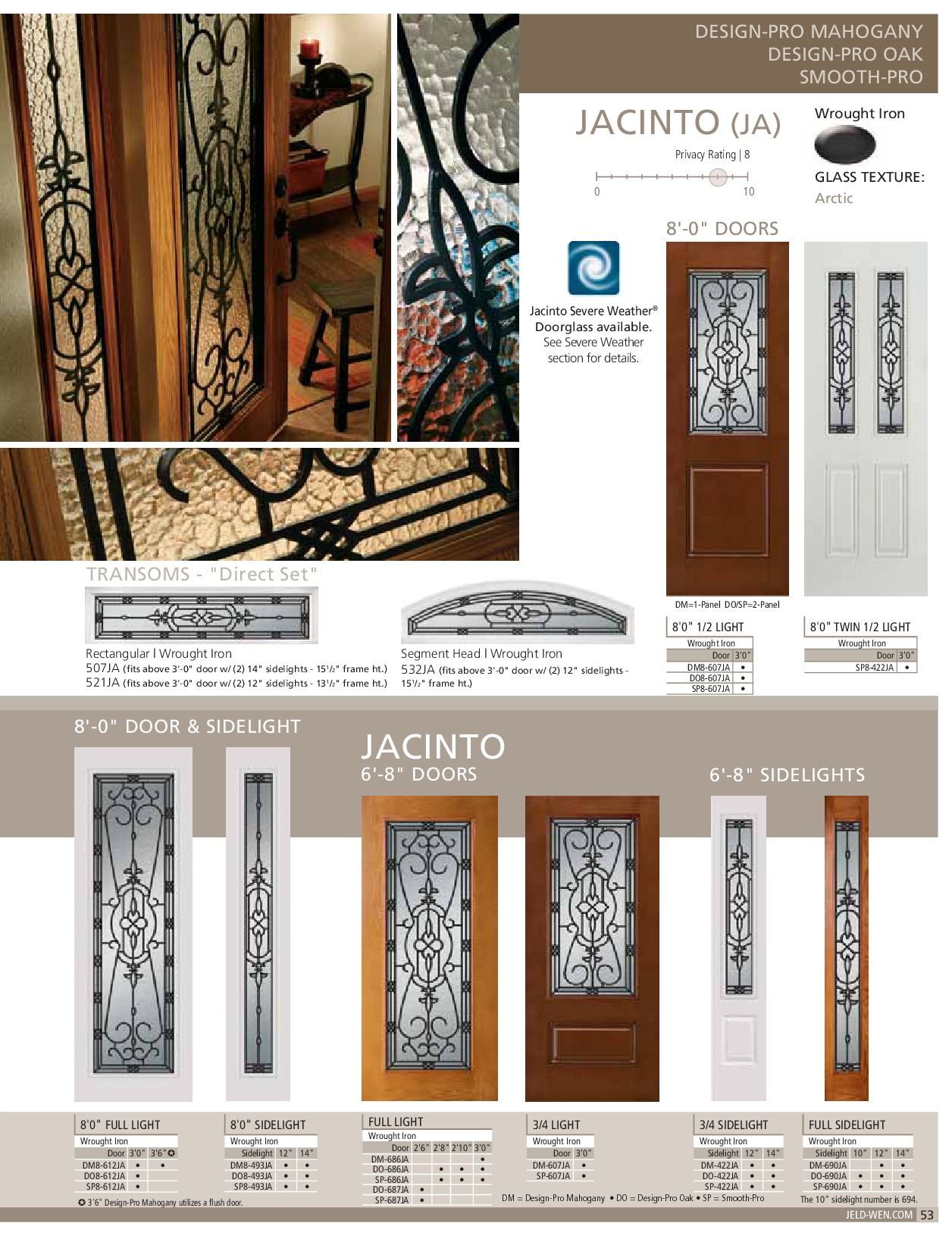 Brochure showing Jacinto door designs with decorative glass panels and color options.